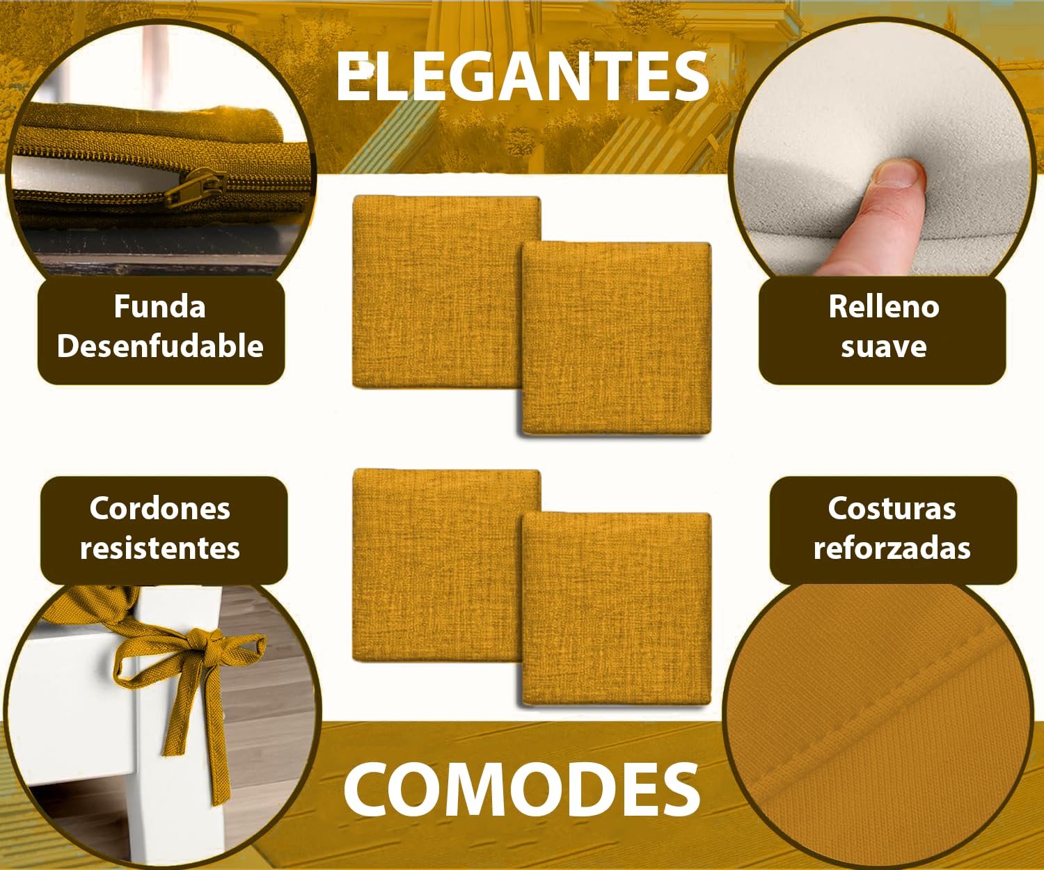 HAND Cojines para Sillas Cocina 38x38 cm Desenfundables con Cremallera – Cojines Cuadrados con Lazos Resistentes y Acolchado Cómodo de 4 cm – Totalmente Made in Italy (Senape, Juego de 4)