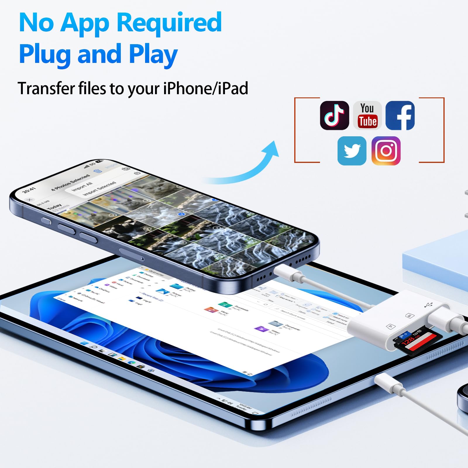 Lector de tarjetas SD para iPhone iPad, lector de tarjetas de memoria ADRUDY con SD MicroSD USB-A 3 ranuras, no requiere aplicación