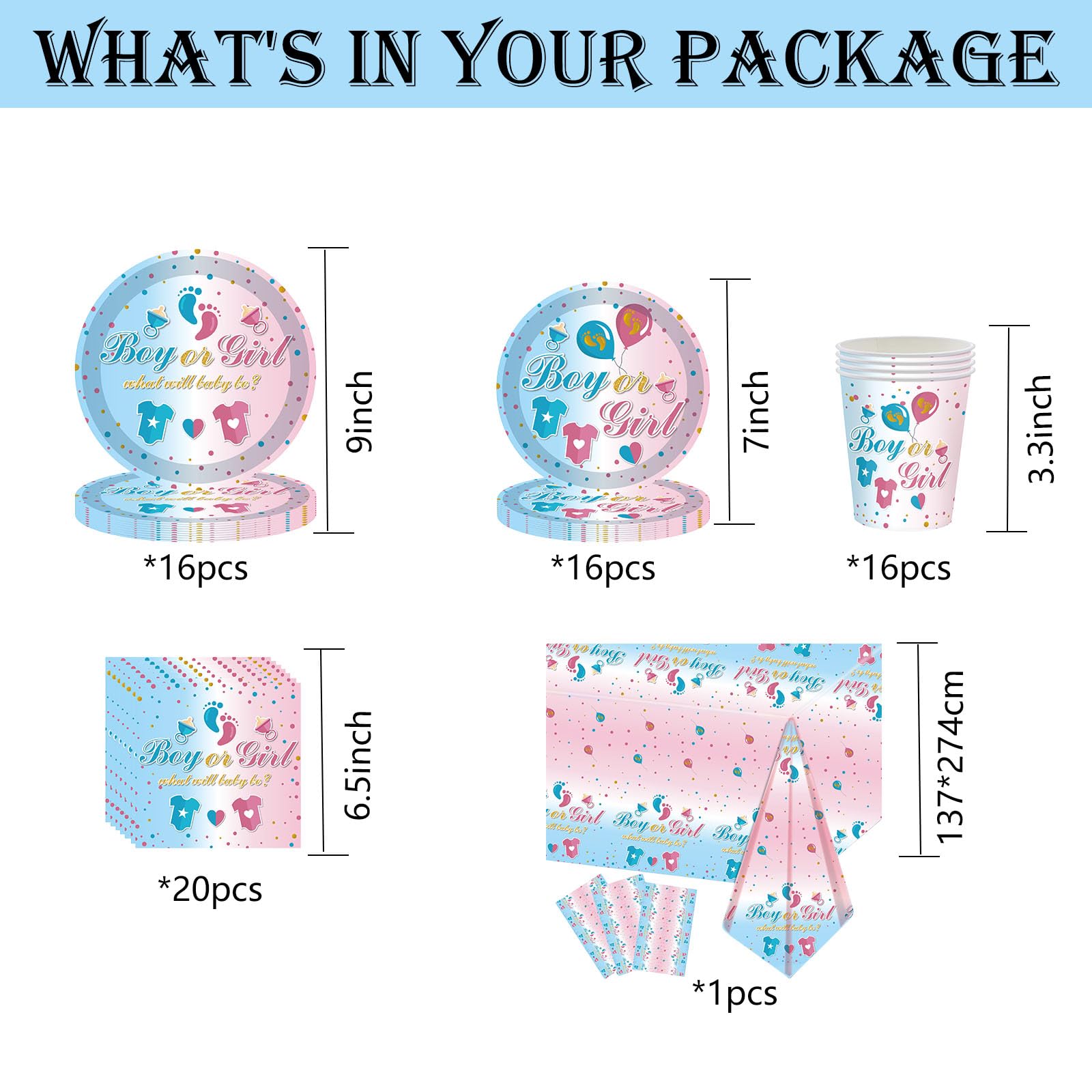 Little Foot Baby Shower Gender Reveal Tableware for Girls & Boys - She or He Theme Cloth, Plates, Napkins, Cups - 69Pcs - Image 2