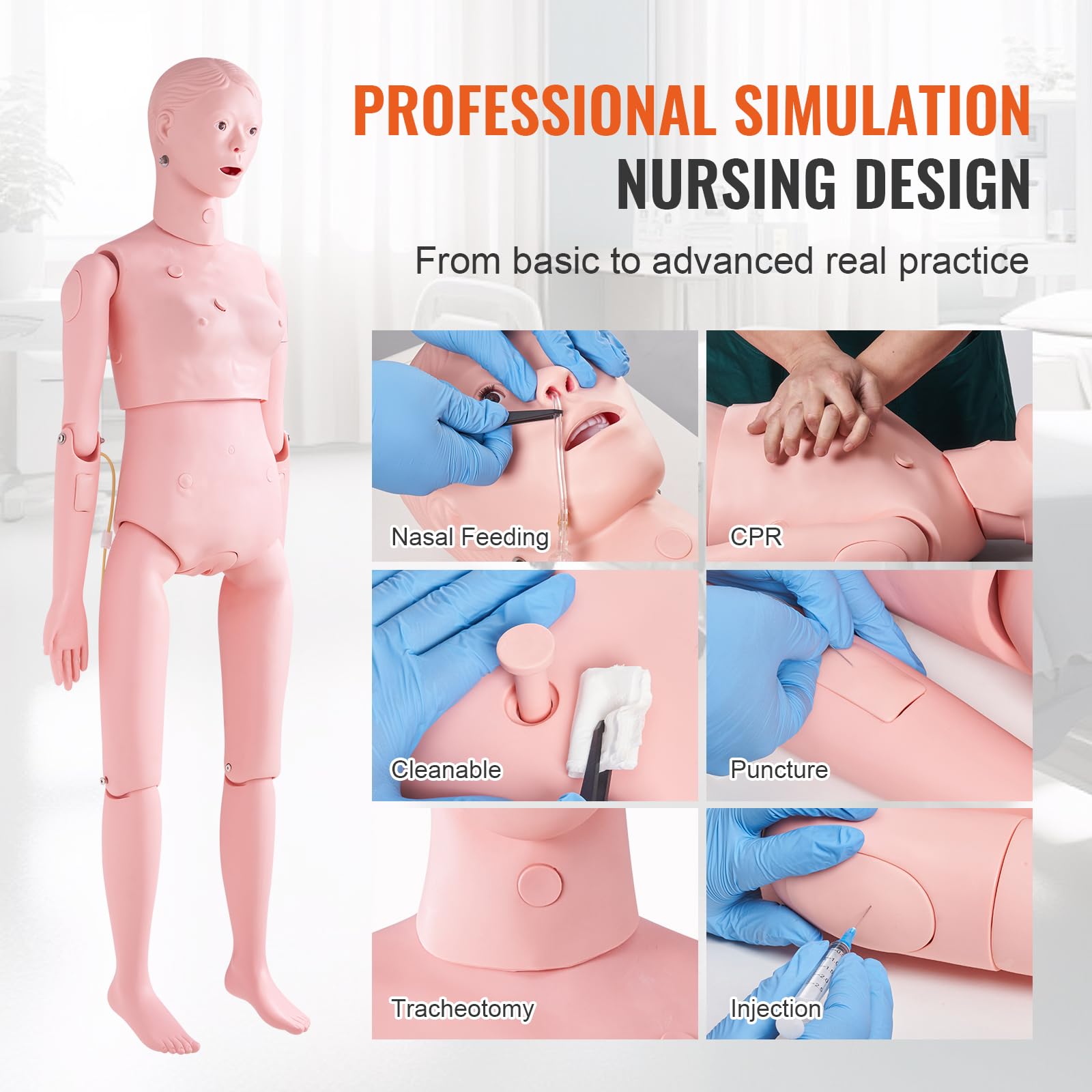 VEVOR Maniquí de Enfermería Femenino Maniquí de Cuidado del Paciente Alto de 153 cm PVC Maniquí de Entrenamiento de Enfermera Simulación Realista para Enseñanza Formación Médica de Hospital Instituto