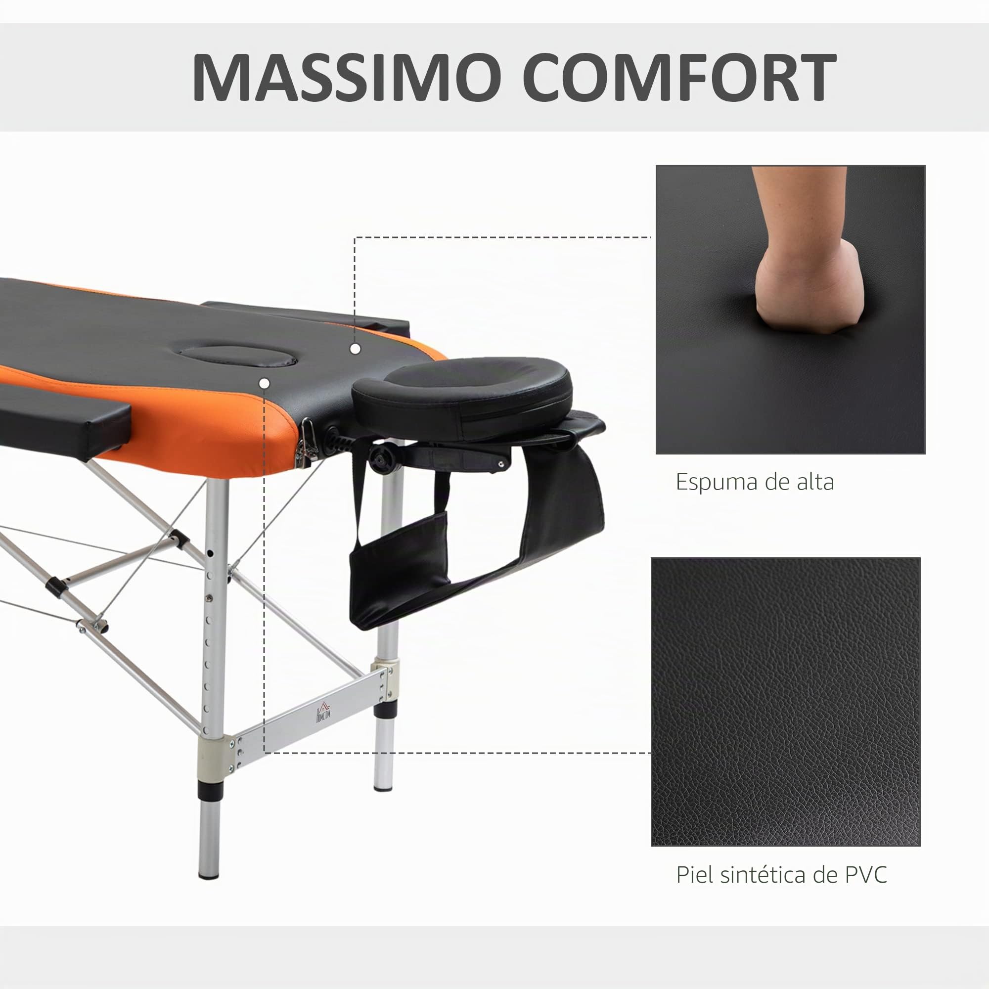 Homcom - Camilla de Masaje Profesional, Plegable, de Aluminio, Color Negro y Naranja, 214 x 60 cm