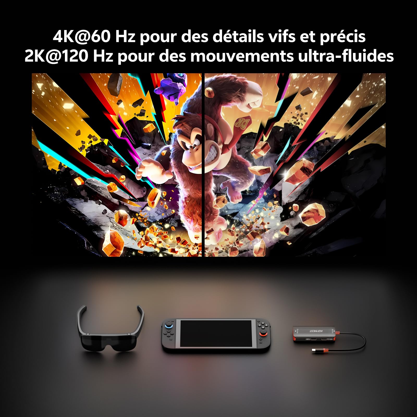 Adaptateur USB-C vers Lunettes AR pour Switch 2 – 4K@60Hz 2K@120Hz 100W PD Données 10Gbps, Compatible Switch 2/1 Steam Deck PC Portable vers Lunettes AR XREAL VITURE Rokid Rayneo
