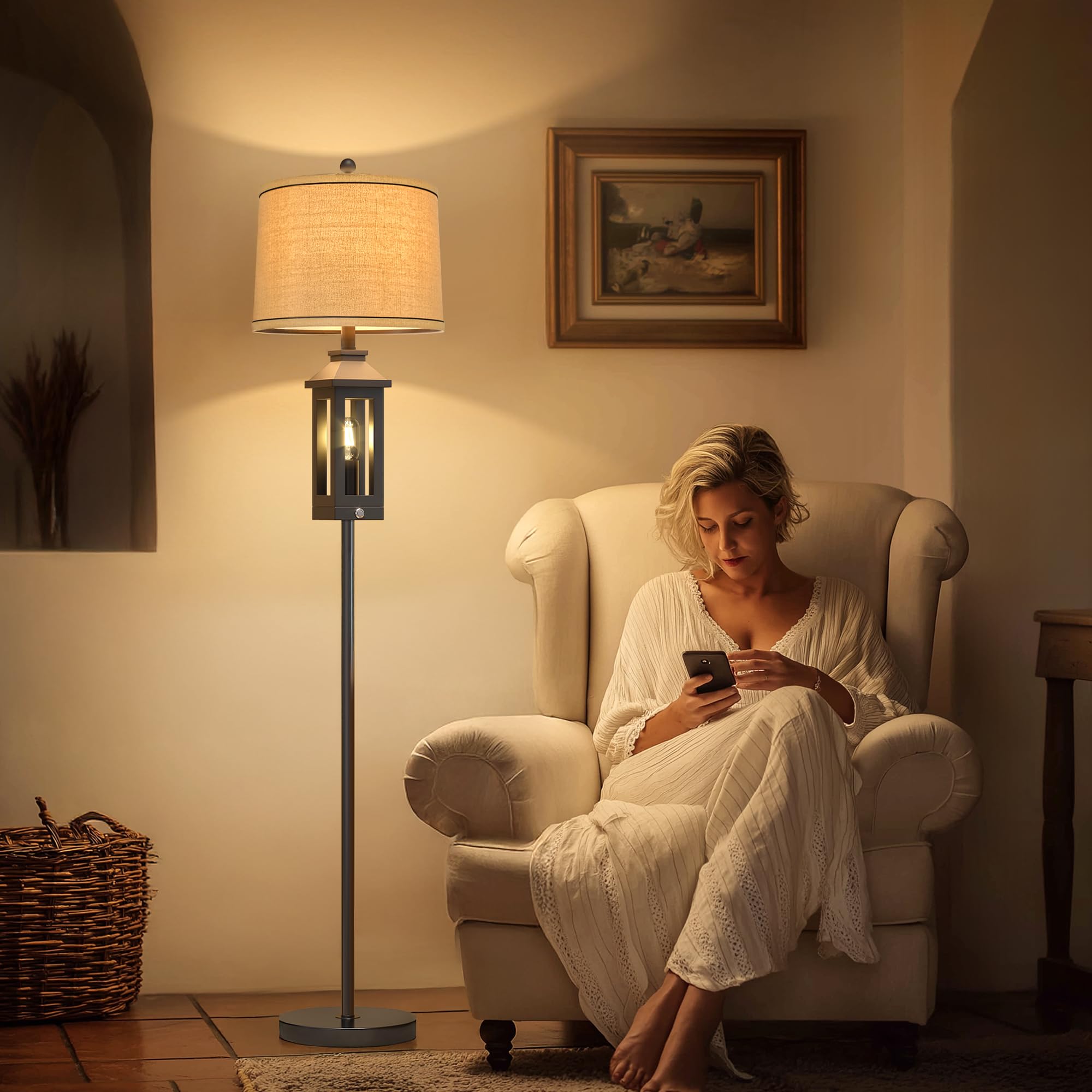 63" Floor Lamps for Living Room Bedside Nightstand Lamp All Black Tall Standing Lamp for Home Decor Bedroom Reading Lamp Farmhouse Rustic Bed Lights with 2 Light Sources (2 Bulbs)