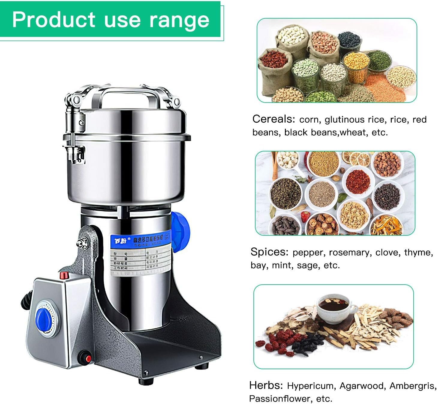 Moulin à Grains électrique, Broyeur, Pulvérisateur électrique, Machine à Poudre en Acier Inoxydable, pour Grains Secs, épices, Céréales, Assaisonnements, Café., One Color, 1000g