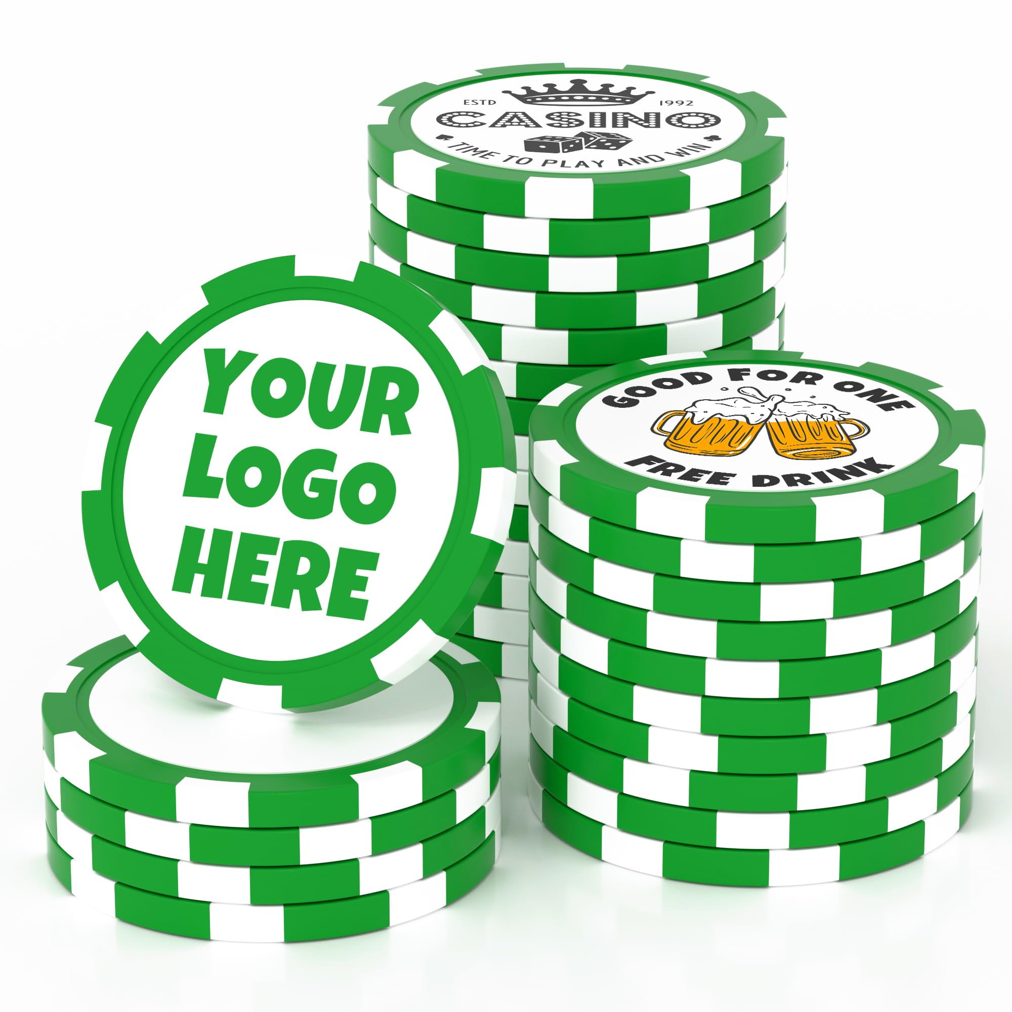 MANBATTLE 25 Custom Clay Poker Chips, 40mm Heavy 11.5 Grams Casino Sized Personalized Poker Chips with Logo or Text, Customized Drink Tokens for Bar, Party, Business Card, Golf Club or Events (Green) — image 1