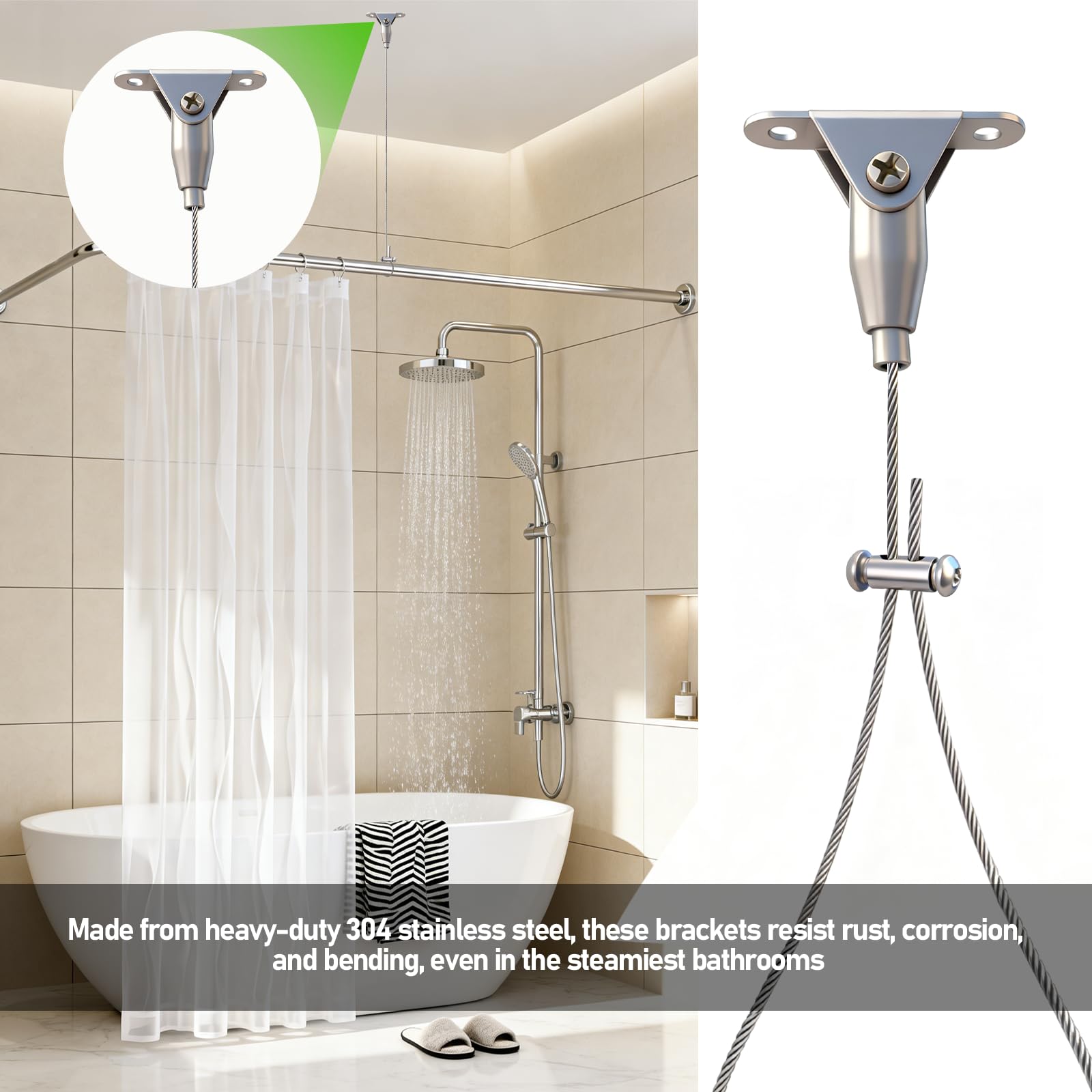 Zarique Lot de 3 supports de plafond pour tringle de rideau de douche anti-affaissement - Réglable de 152,4 cm - Acier inoxydable 304 résistant à la rouille - Pour tringles incurvées, en forme de L et