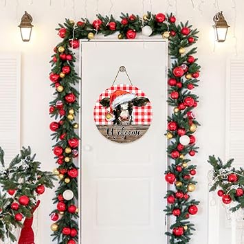 Welcome Christmas Cow Front Door Sign, Xmas Santa Hat Red Buffalo Plaid Check Bow Christmas Front Door Sign For Home Gate Club Bar Restaurant Wall Hanging Decoration 12inch