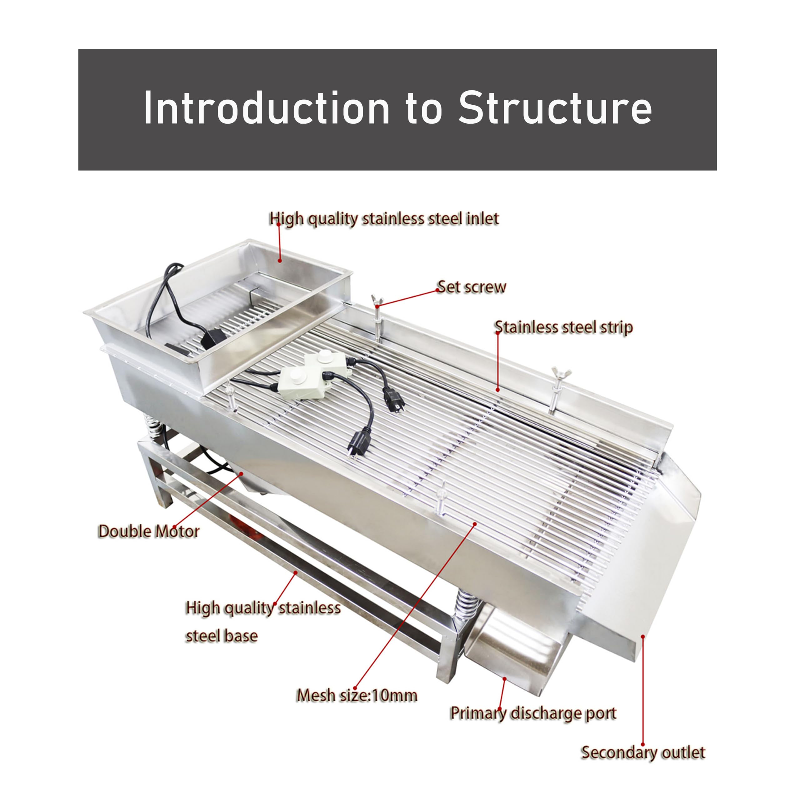LGXEnzhuo JG40-95 Full Linear Vibrating Screen with one 6mm Long Bar Sieve Screen 110V 80W Dual Motor Stainless Steel