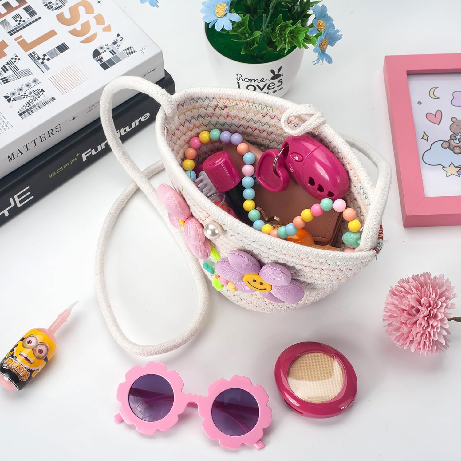 Little Girls Purse for Toddler, Kids Crossbody Bag with Sunglasses, Flower Girl Purse Woven Handbag - Image 6