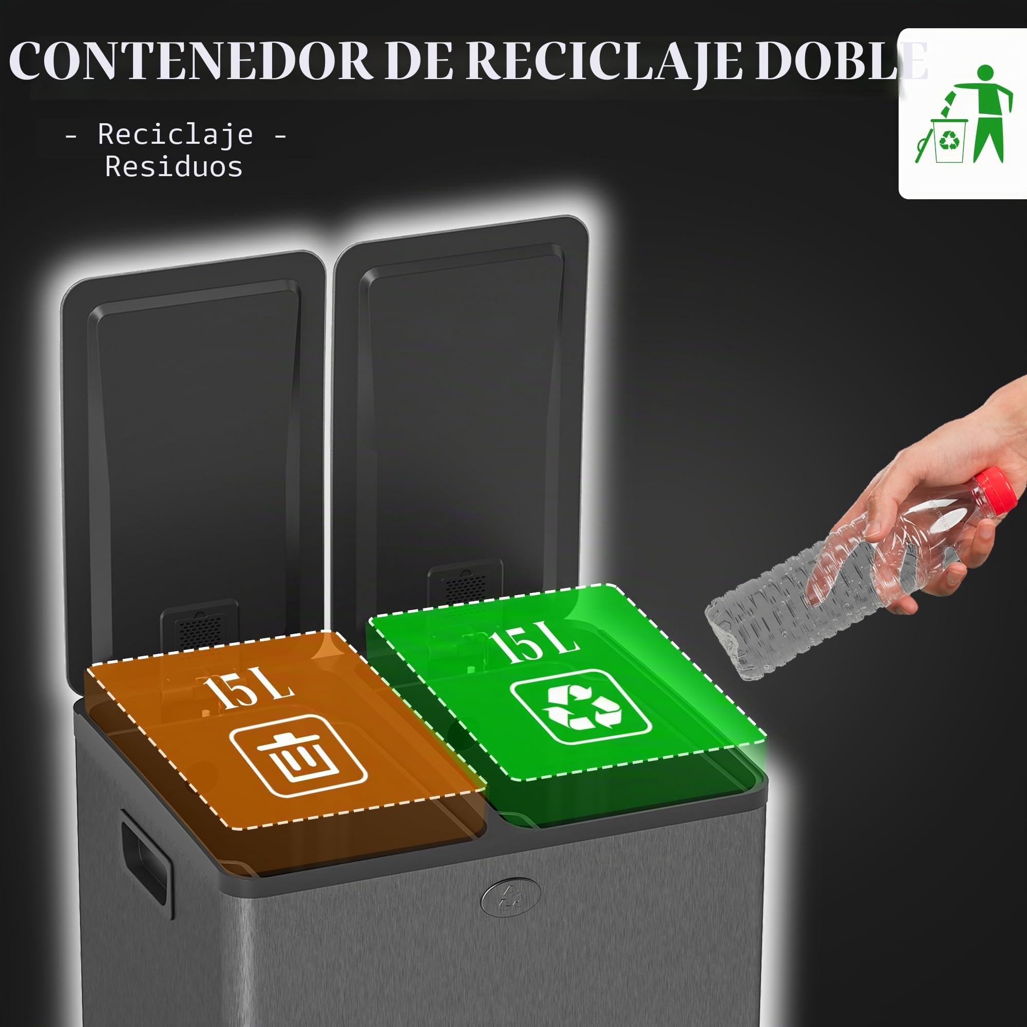 HOMCOM Cubo doble de cocina 2x15L, acero inoxidable, tapa suave, Negro | Cubo de basura doble, cubos interiores extraíbles, resistente a huellas, para reciclaje y residuos
