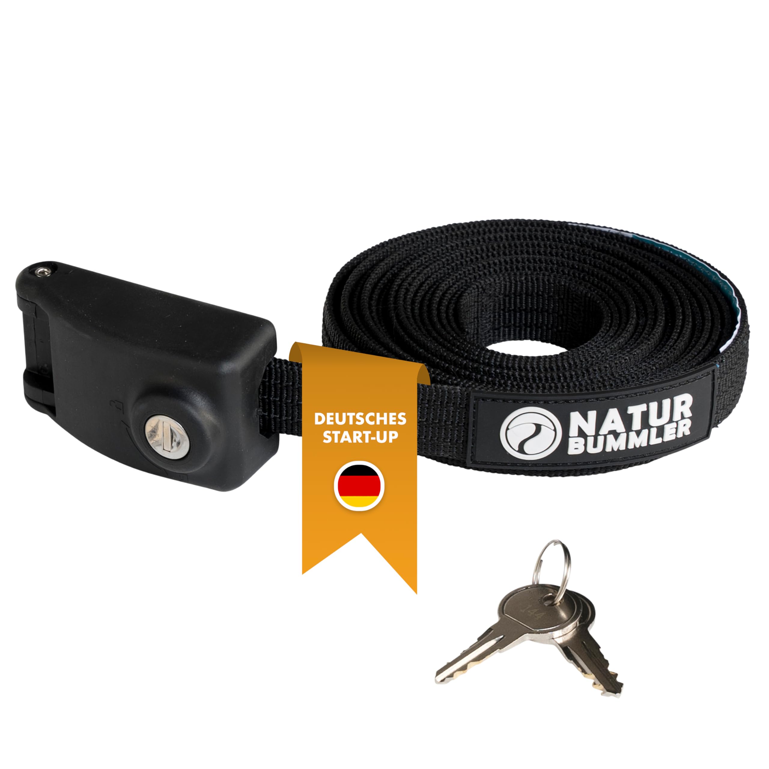 Naturbummler Cinghia di fissaggio con serratura [4 m] – Cinghia di fissaggio sicura con corda in acciaio integrata, serratura e chiave – Robusto nastro di fissaggio per box da tetto, tenda da tetto