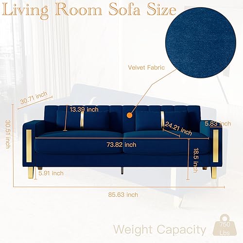 Miniatura 2 de Sofá moderno de terciopelo azul de 85.63 pulgadas con patas de metal dorado, tapizado grande de mediados de siglo, moderno y cómodo de 3 plazas,