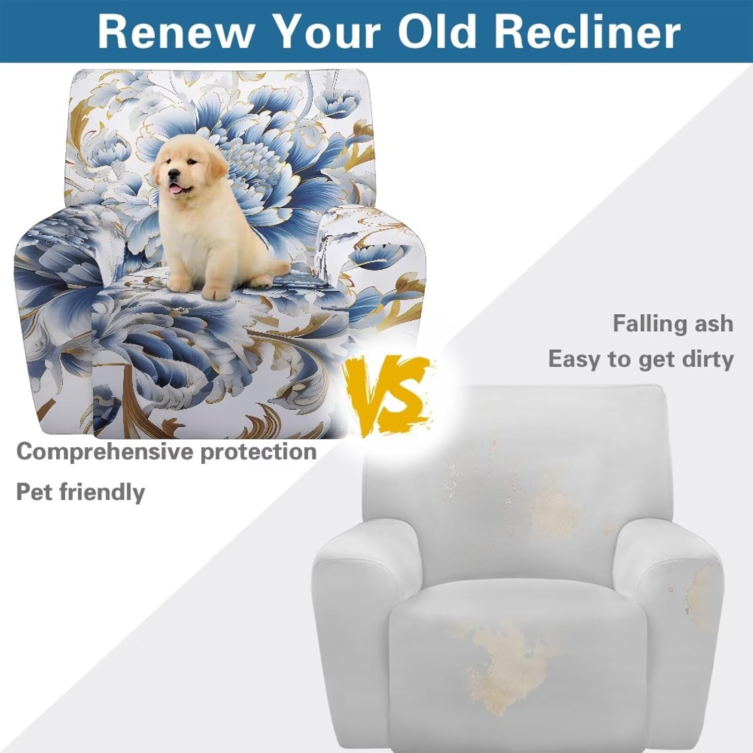 FOR U DESIGNS Floral Blue White 4-Piece Stretch Recliner Slipcovers Universal Fit for Small Recliners Non-Slip Furniture Protector Washable Sofa Cover Stay in Place