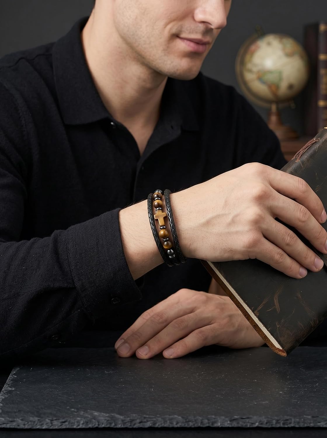 Multilayer Braided Leather Bracelet for Men, Tiger Eye/Lapis Lazuli/Turquoise/Black Obsidian Cross Wristband with Stainless Steel Clasp Religious Fashion Jewelry for Him