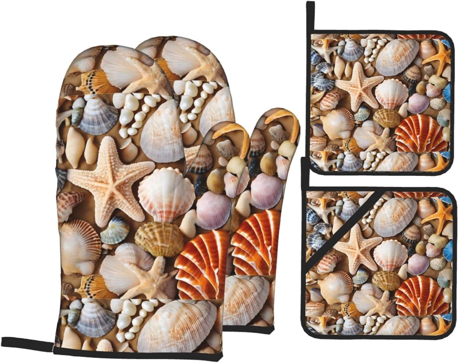 (Seashell Landscape On The Beach) Baking 4-Piece Set: 2 Oven Mitts and 2 Pot Holders Heat Resistant Waterproof Hanging Loop for Kitchen Oven Grill Housewarming Gifts
