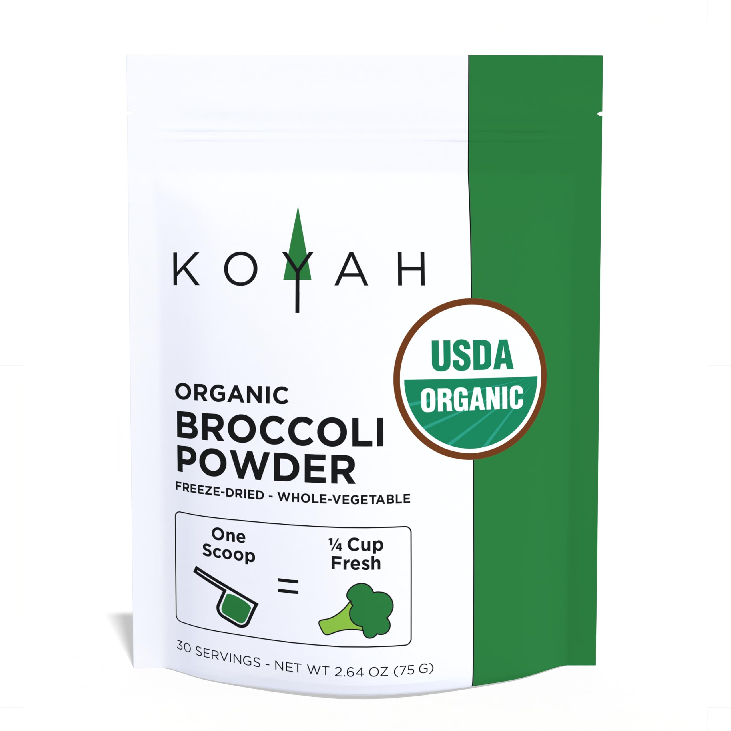 KOYAH - Organic USA Grown Broccoli Powder (1 Scoop Equivalent to 1/4 Cup Fresh): 30 Scoops, Freeze-Dried, Whole-Vegetable PowderUSDA Organic