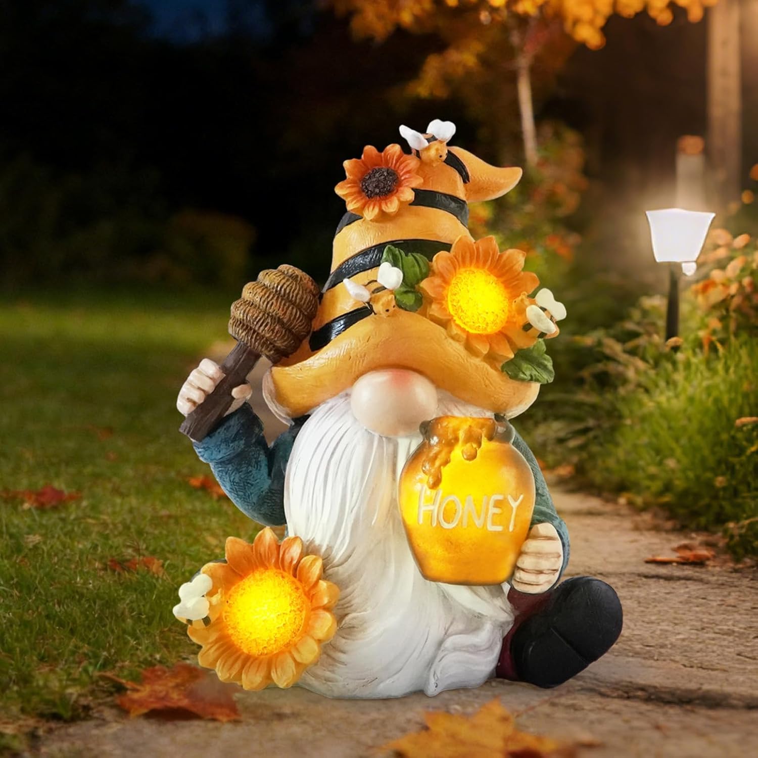 basen Bee Gnome Solar Garden Statue Outdoor Decor, Resin Gnome with Sunflower and Honey Jar, Solar Powered Lighted Yard Lawn Patio Porch Decoration, Waterproof Yard Art