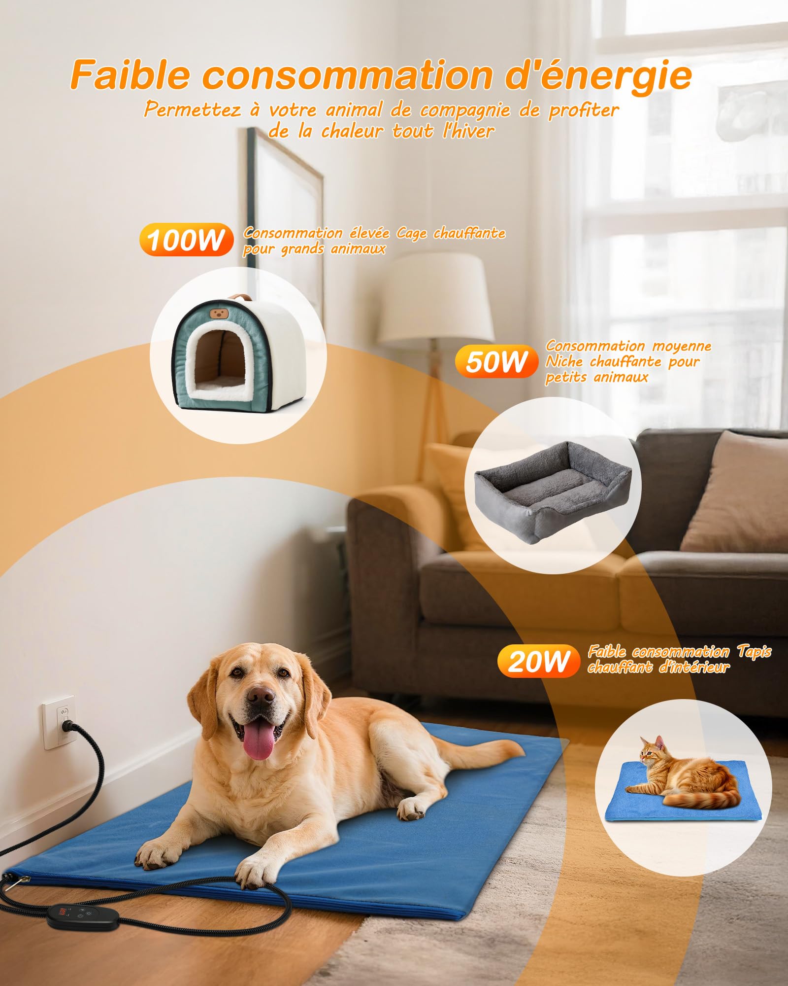 petnf Tapis Chauffant pour Chien et Chat 45 x 75 cm - Réglage 6 Températures, Minuterie 24h, Arrêt Automatique, Câble Anti-Morsure - Bleu