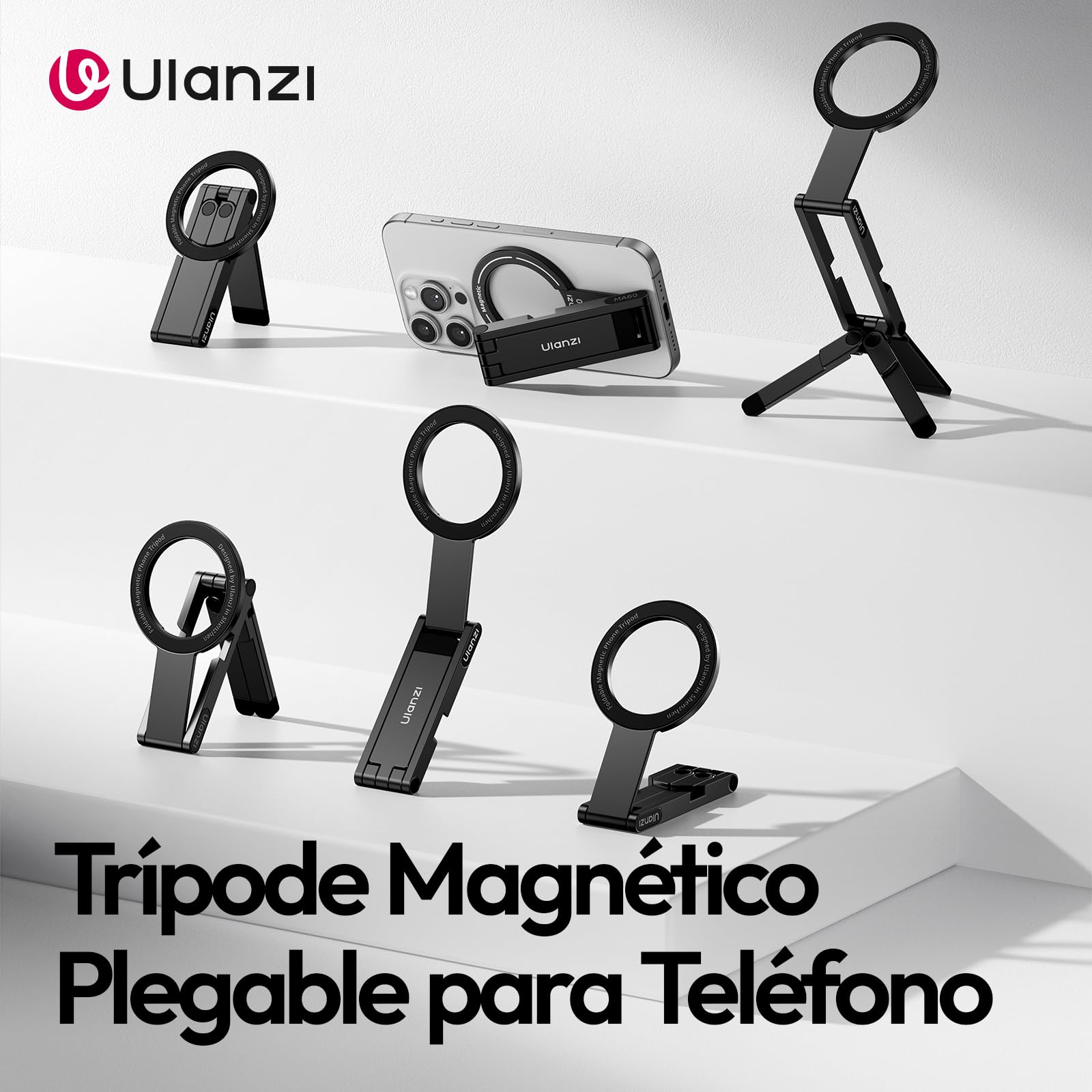 ULANZI MA60 Soporte Magnético para iPhone, Mini Trípode de Aluminio 3 en 1, Soporte Plegable para Teléfono Móvil, Imán Doble de 14N, Compatible con iPhone 17 16, 15, 14, 13, 12 Magsafe, Negro