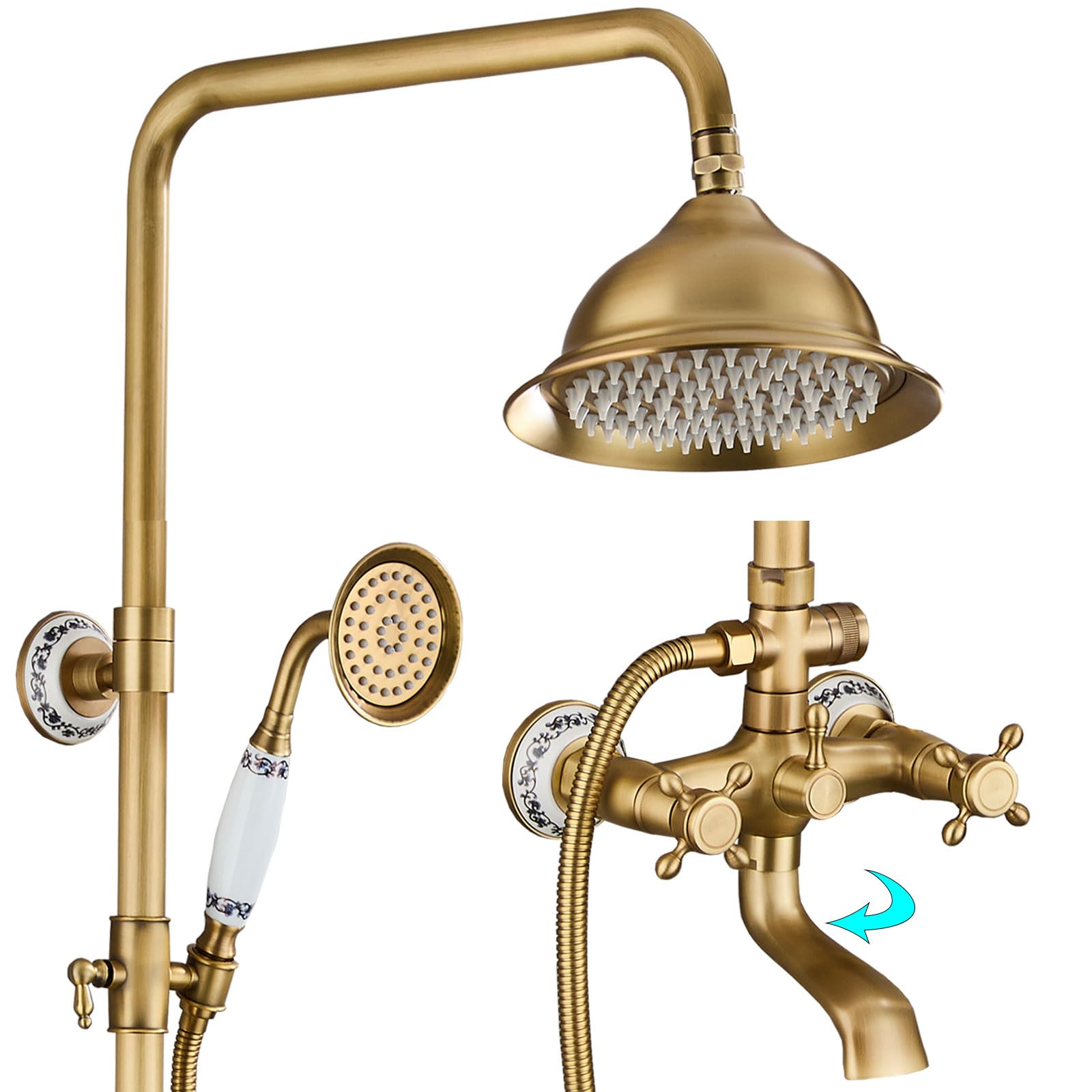 Mosiężna kolumna prysznicowa 3 funkcje 20 cm deszczownica ręczna słuchawka prysznicowa z niebiesko-białą porcelaną obracana o 90° bateria wannowa elegancka armatura łazienkowa