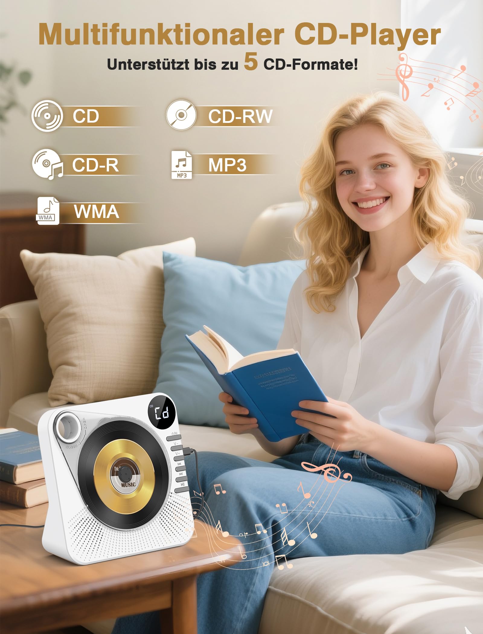Greadio Lettore CD portatile con Bluetooth 5.1, lettore CD per bambini con altoparlante, telecomando, suono HiFi, protezione dalla polvere, riproduzione AUX/USB, lettore CD portatile per la casa