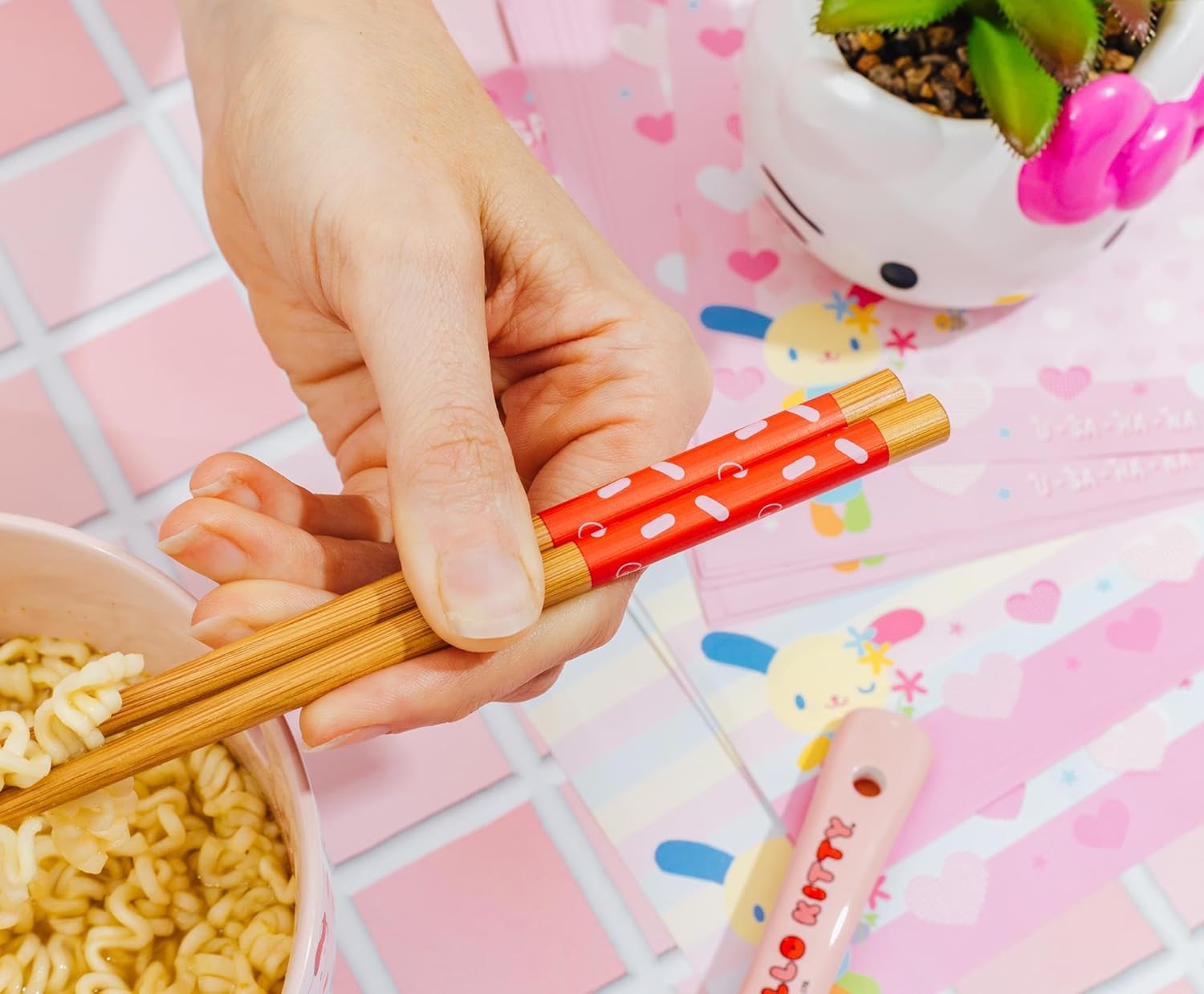 Silver Buffalo Sanrio Hello Kitty Sprinkles Ceramic Ramen Dinnerware Set | Includes 20-Ounce Noodle Bowl, Wooden Chopsticks, and Spoon