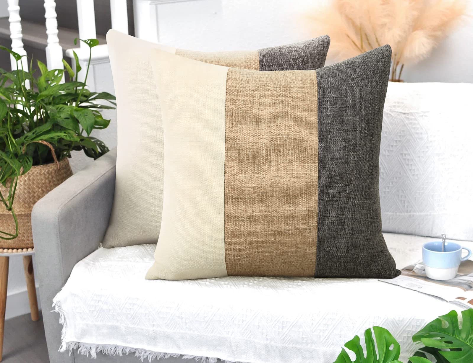 Pyonic Boho Farmhouse Throw Pillow Covers 18x18,Decorative Square Pillowcases Home Cushion Covers Case for Bed Couch Sofa,Tan Cream White and Grey,Set