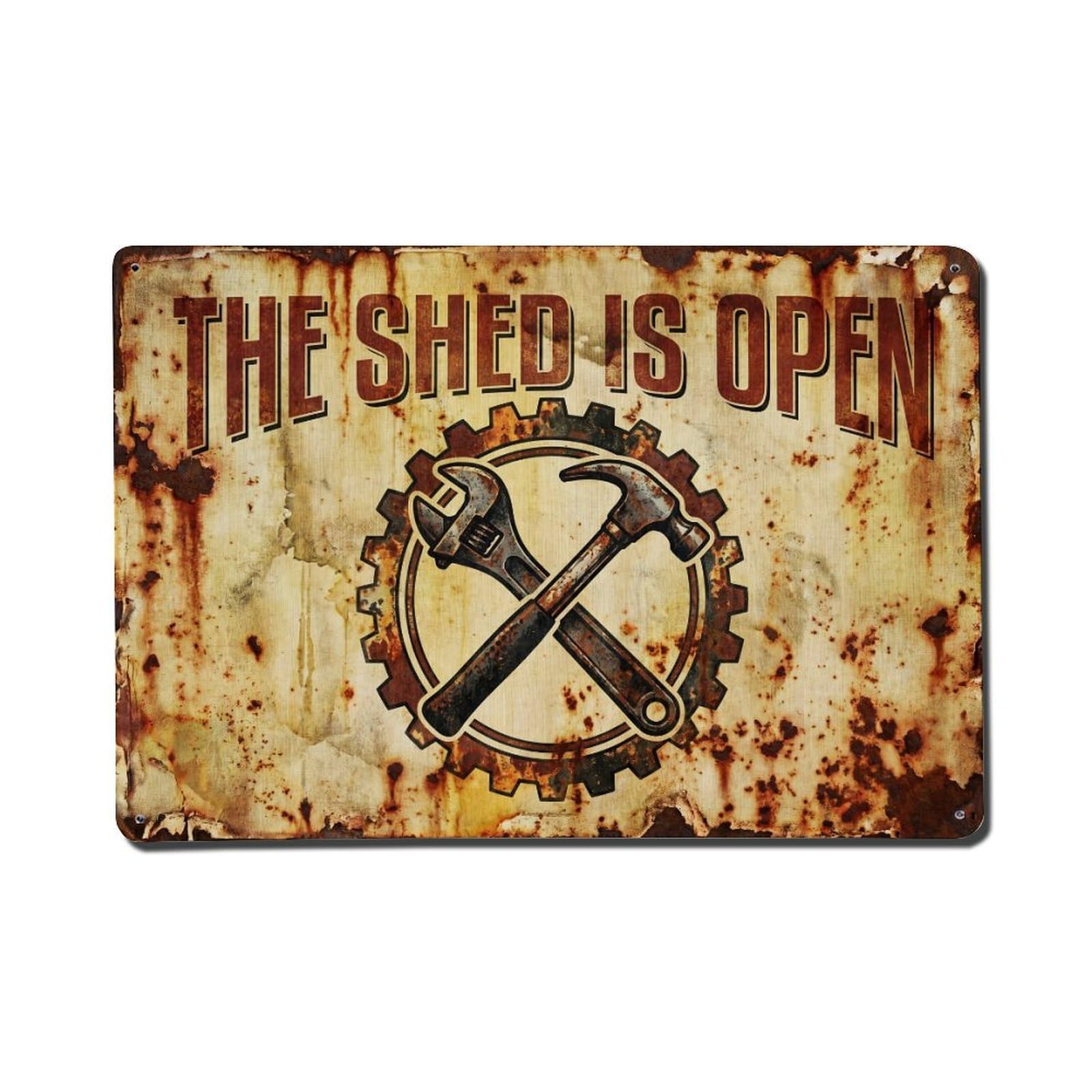 Shed Open Repair Tools DIY Workshop Welcome Service Metal Tin Sign Plaque Wall Decor for Cafe, Man Cave, Club Bar, Office, Home Garden Round Metal Poster 8x12Inch