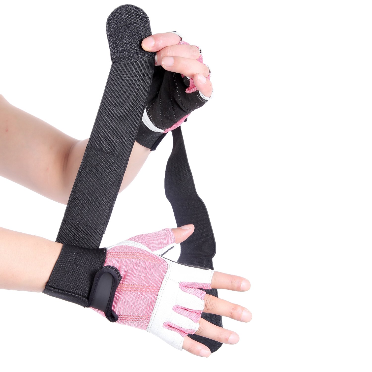 Piel suave Gimnasio Levantamiento de pesas guantes sin dedos con 12 "muñeca apoyo gimnasio con doble costura estilo para hombres y mujeres Brawn Fit, Rosado/Blanco