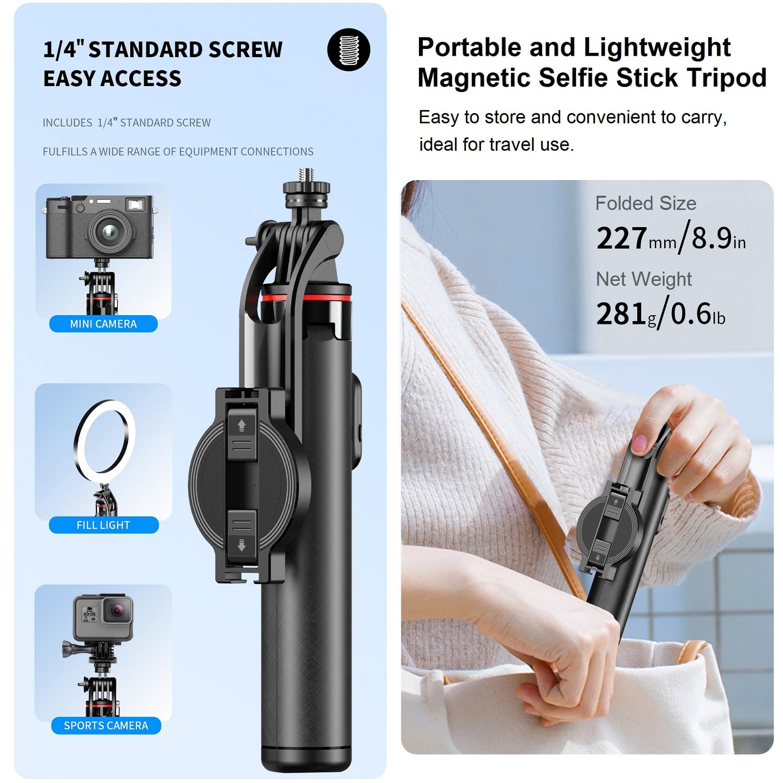 Perche à selfie magnétique pour iPhone – Trépied de téléphone de 129,5 cm compatible avec Magsafe, trépied de voyage pour iPhone, téléphones portables, Android, appareil photo, enregistrement vidéo,