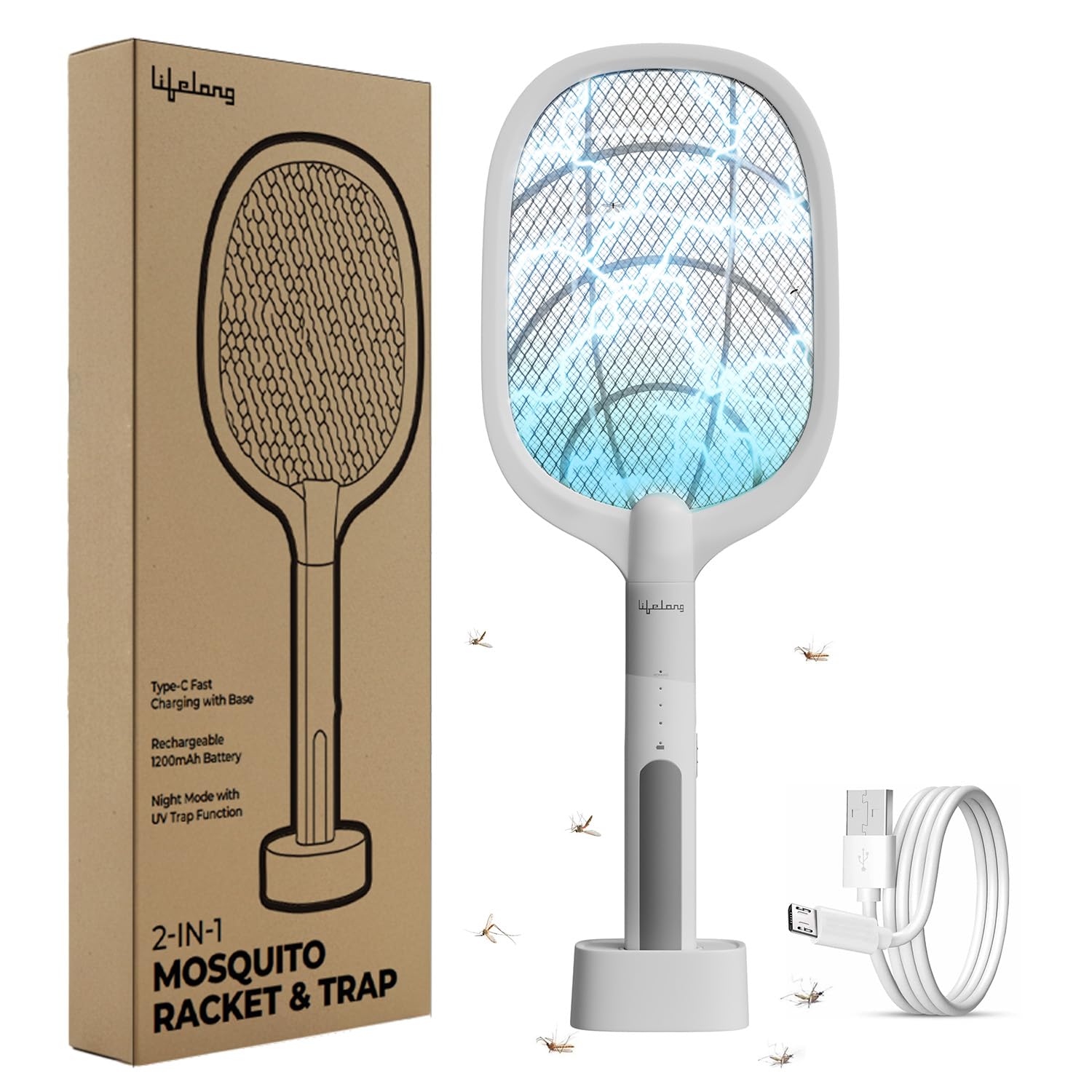 Lifelong 2 in1 Foldable Electric Mosquito Racket | Mosquito Killer Racket | Fly Swatter with Base Stand | Mosquito Trap & UV Light | Base Type-C Charging | Rechargeable 1200mAh Battery | Mosquito Bat