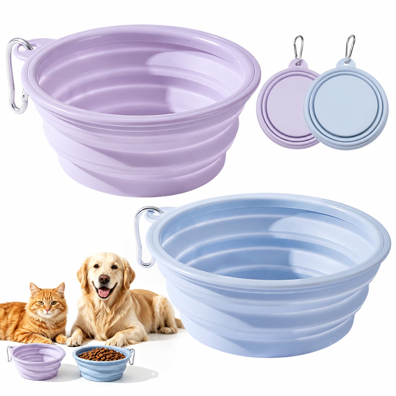 Foldable Dog Feeder, 2 Pieces Silicone with Carabiner | For water and food, ideal for travel, walks and camping, lightweight, foldable and easy to carry