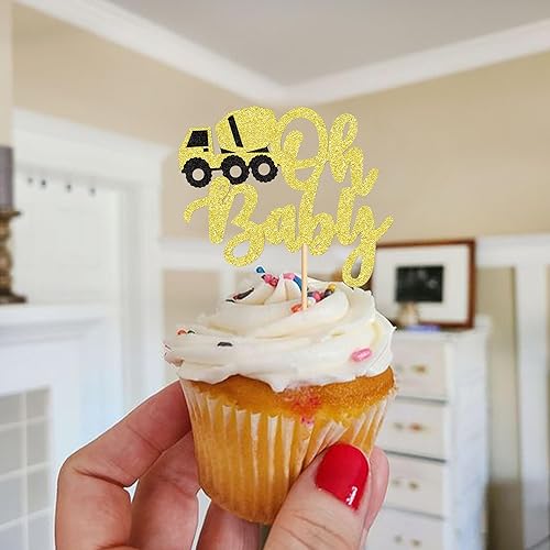 Miniatura 4 de Ercadio Paquete de 24 adornos de construcción para cupcakes Oh Baby para cupcakes de bebé, palillos de alimentos, excavadora de construcción, para