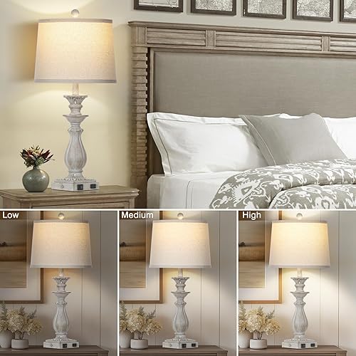 Miniatura 3 de Juego de 2 lámparas de mesa de granja de 28 pulgadas para sala de estar, lámparas de noche táctiles regulables de 3 vías con puertos USB C+A y