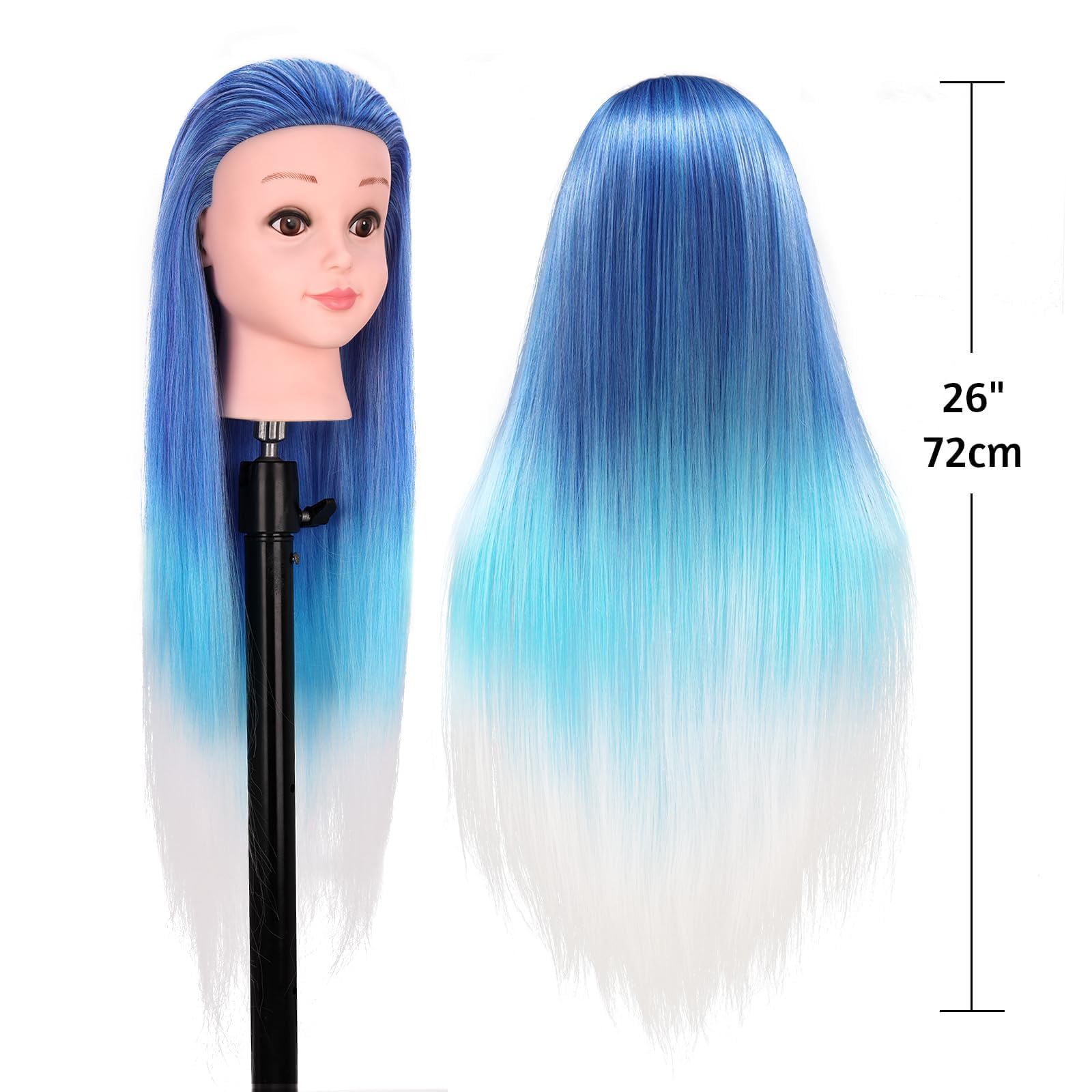 Frisierkopf 75cm/29 Zoll Übungskopf, TopDirect Frisierpuppe 100% Synthetisches Haar, Friseur Mannequin Kopf für Friseursalon, Frisierkopf Kinder mit Tischhalter + DIY Haar Styling Braid Set (Blau)