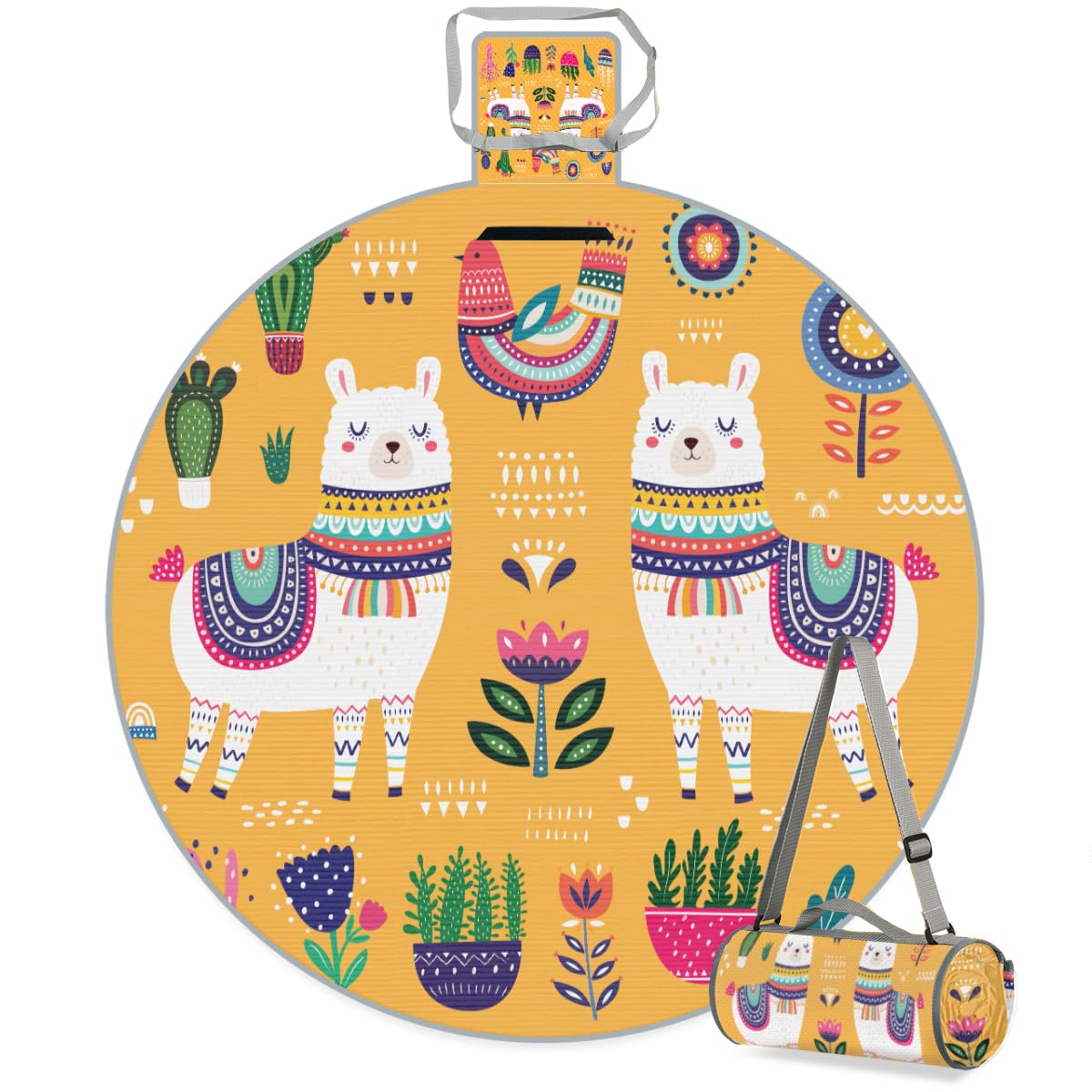 Shimoshe Cactus Flower Bird Alpaca Picnic Outdoor Blanket Foldable Waterproof Sandproof Beach Blanket Portable Water-Resistant Round Picnic Mat for Travel Camping Park Lawn