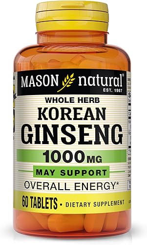 MASON NATURAL Ginseng coreano 1,000 mg, apoya energía, resistencia y vitalidad, 60 tabletas