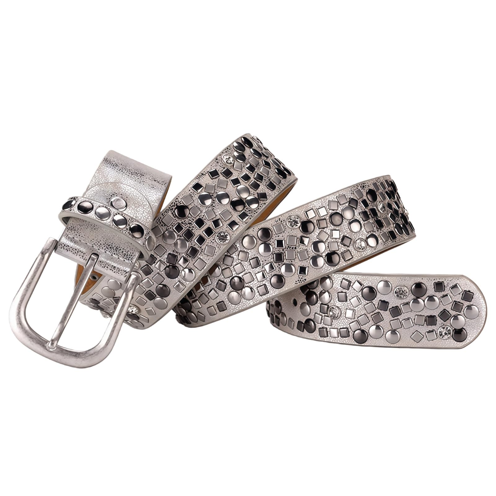 Ulalaza Women Leather Belt ，Hollow Diamonds Rivets Waistband with Alloy Buckle Hollow Leather Belts