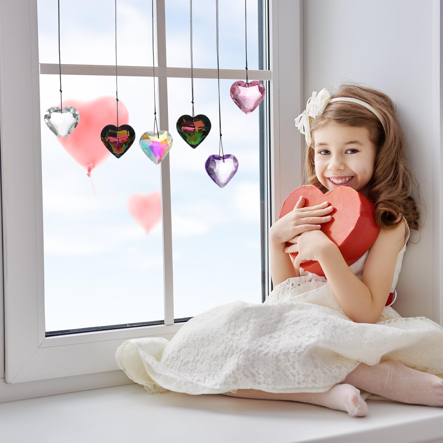 Gochoi 6 Herz-Kristall-Sonnenfänger Für Innenfenster, Hängender Regenbogen- Prisma-Sonnenfänger, Regenbogen-Maker Für Zimmer, Garten, Balkon, Küche, Weihnachtsbaumschmuck, Heimdekoration,Heart