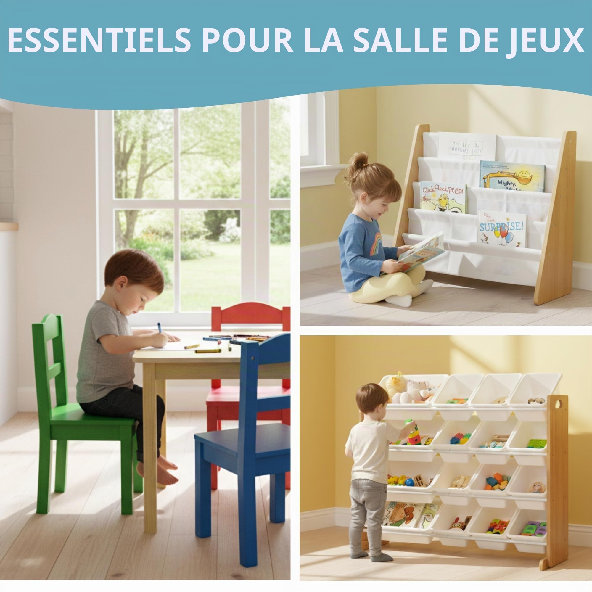 Humble Crew Ensemble Table carrée et 4 chaises en Bois pour Enfant, Bois Naturel/Couleurs primaires