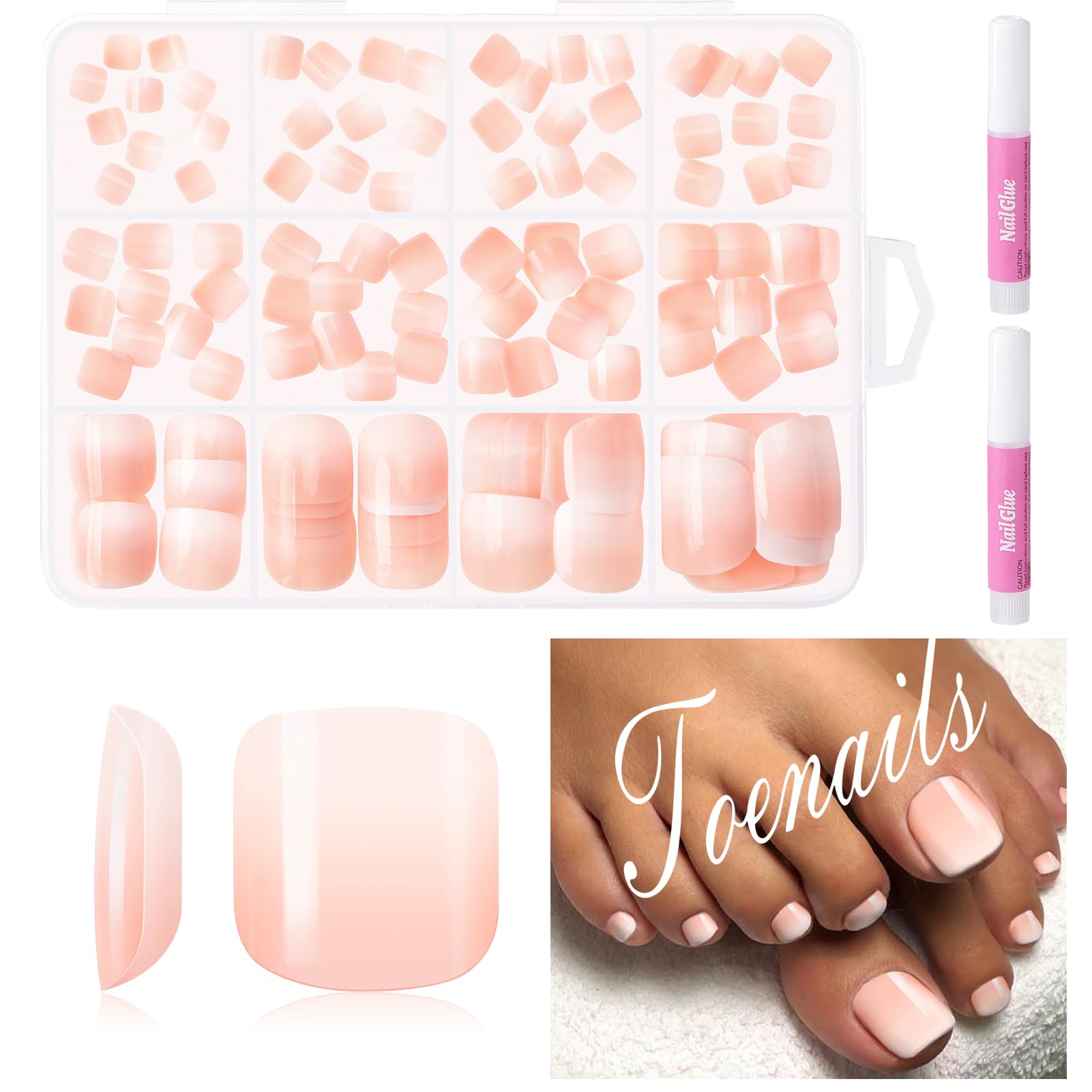 MELLIEX 120pcs False Toenail Set, 12 Sizes Full Cover Gradient Fake Toe Nails
