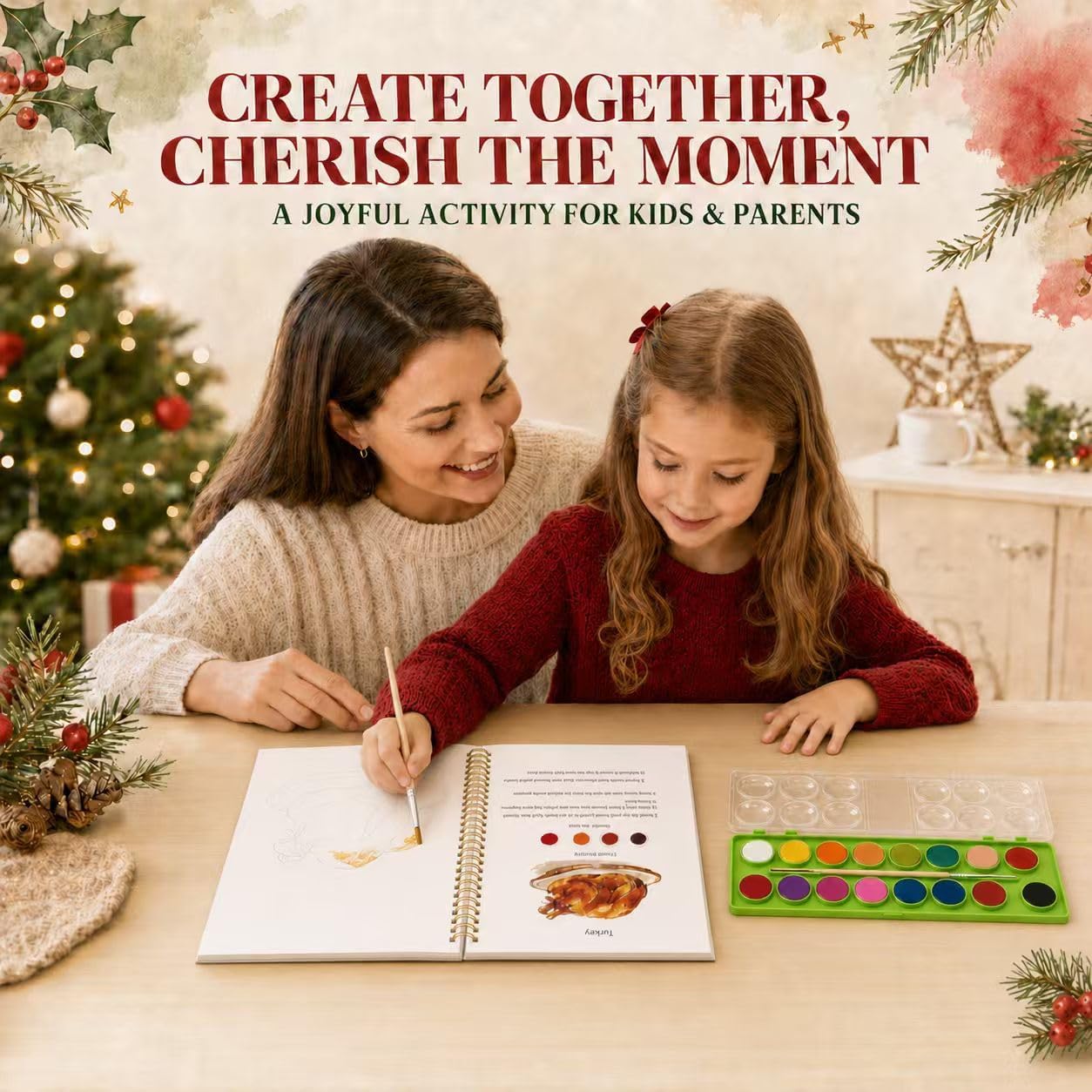 EIOLUIK Watercolor Christmas workbook, 16 Colors, 3 Brushes. Perforated Pages. Great Gift for Women, Kids & Beginners. Perfect for Christmas