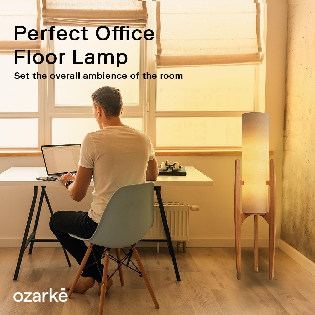 Ozarke Zen Modern Floor Lamp - Fabric Shade & Wood Frame Mid-Century 44 Inch Standing Corner Light for Bedroom, Living Room & Home Decor - E26 Bulb Warm 3000K (Natural Wood)