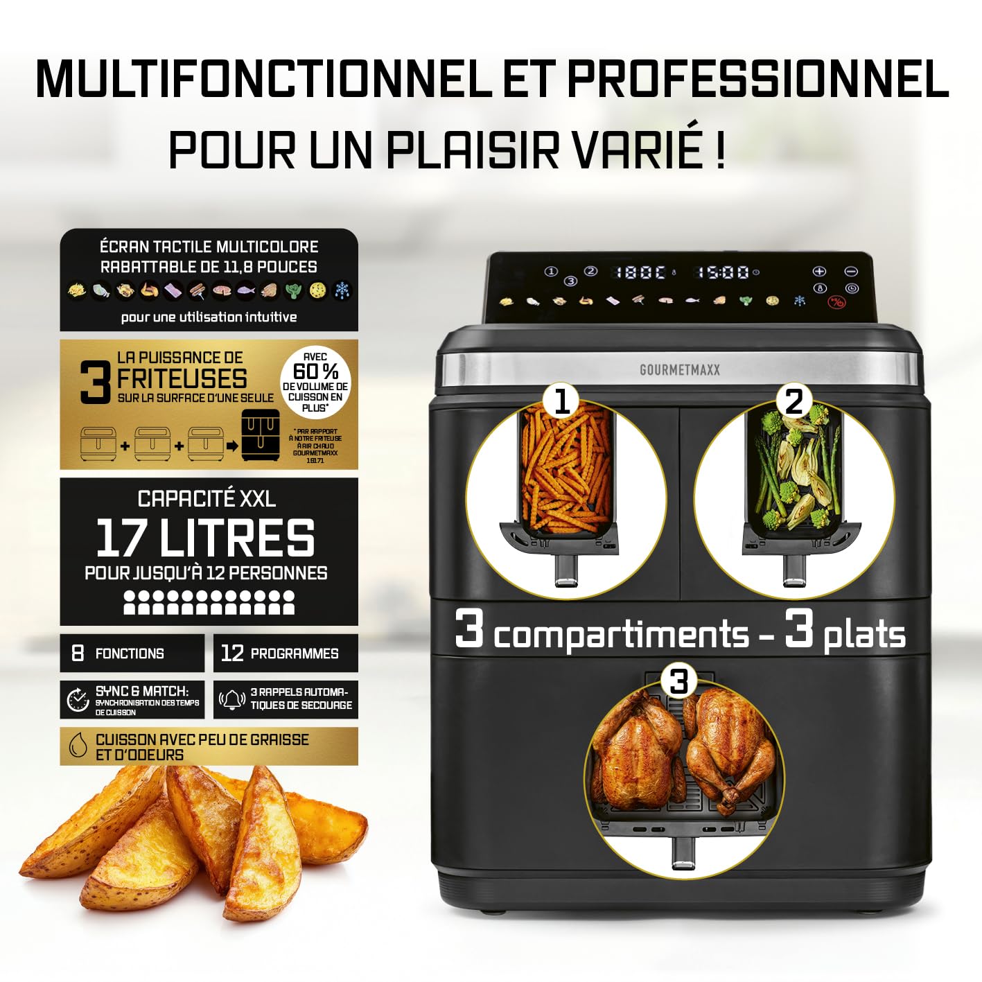 GOURMETmaxx FryUp3 Friteuse à air chaud verticale 3 chambres | Friteuse à air chaud XXL 17 litres | Airfryer avec écran tactile pliable multicolore | Friteuse à air pour 12 personnes | 12 programmes