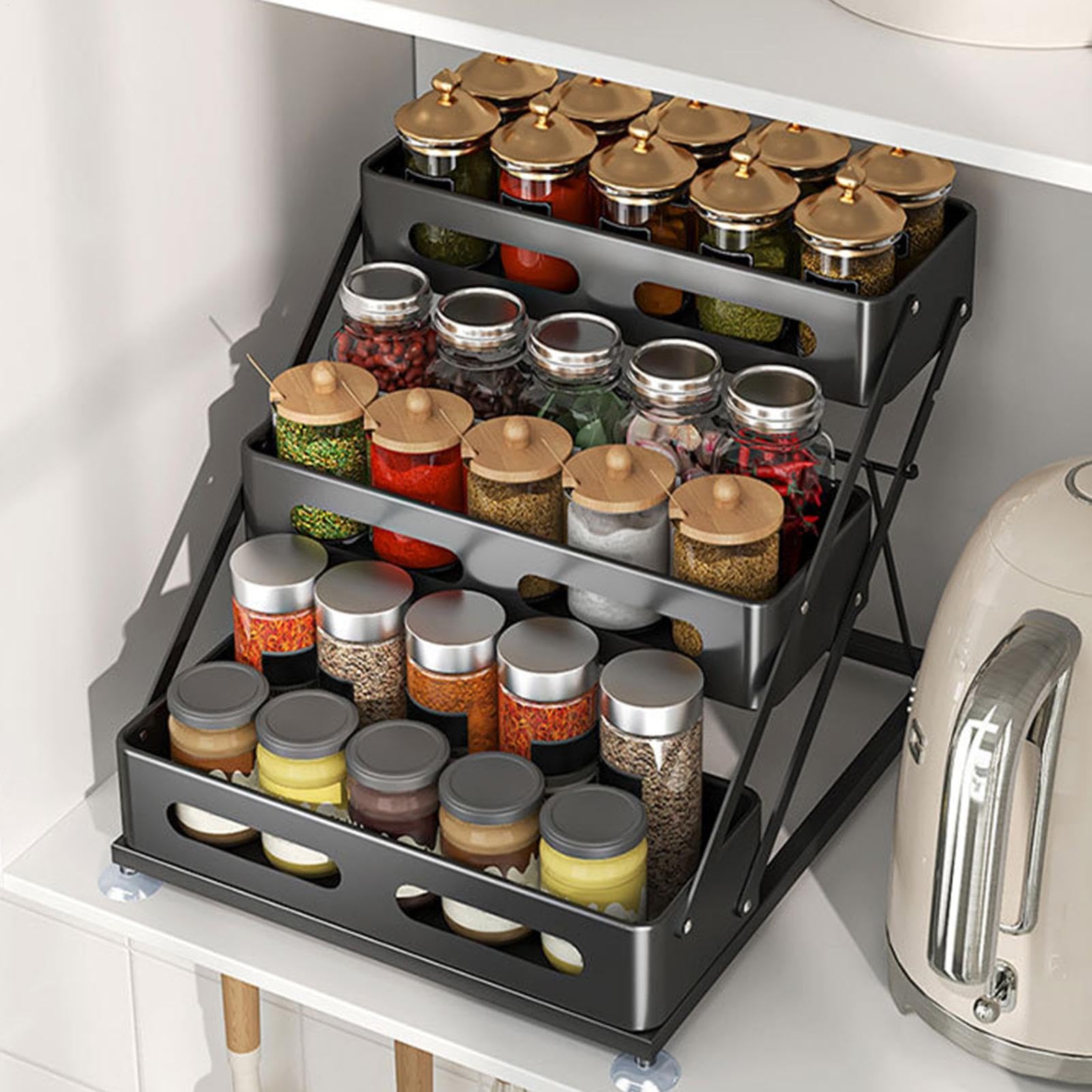 Scaffale per condimenti da cucina, scaffale per condimenti a tre strati, armadio regolabile per condimenti, organizzazione domestica per cucina, 34,5 x 30 x 25,5 cm/13,58 x 11,81 x 10,04 | Scaffale per condimenti per armadietto regolabile, forniture per l