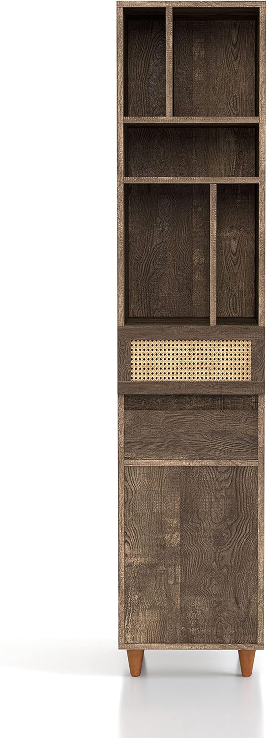 HOMES: Inside + Out Tamberly 76” Tall Multi-Purpose Slim Storage Cabinet with Rattan Accent, Brown