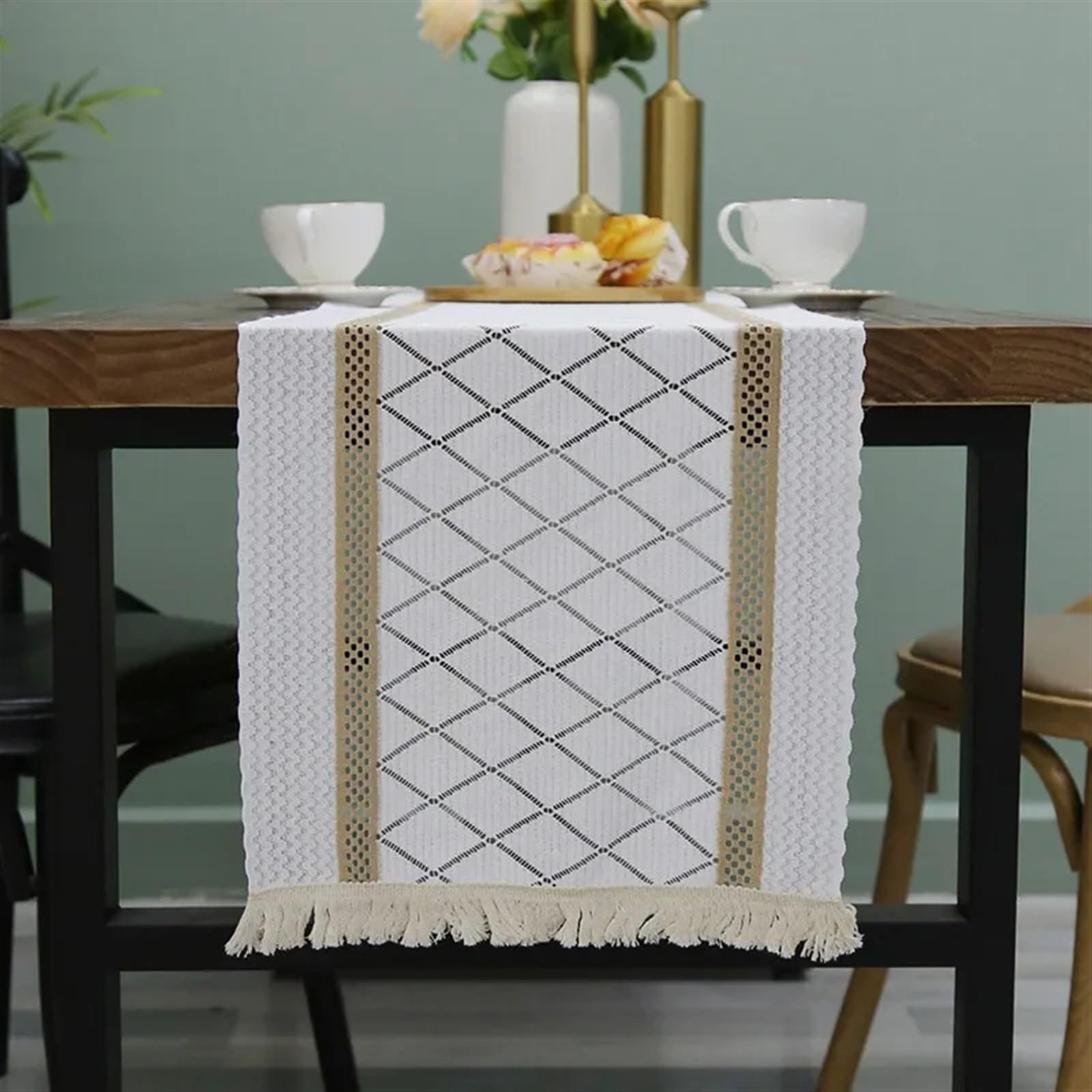 Chemin de table en coton et toile de jute rayée pour décoration de fête bohème