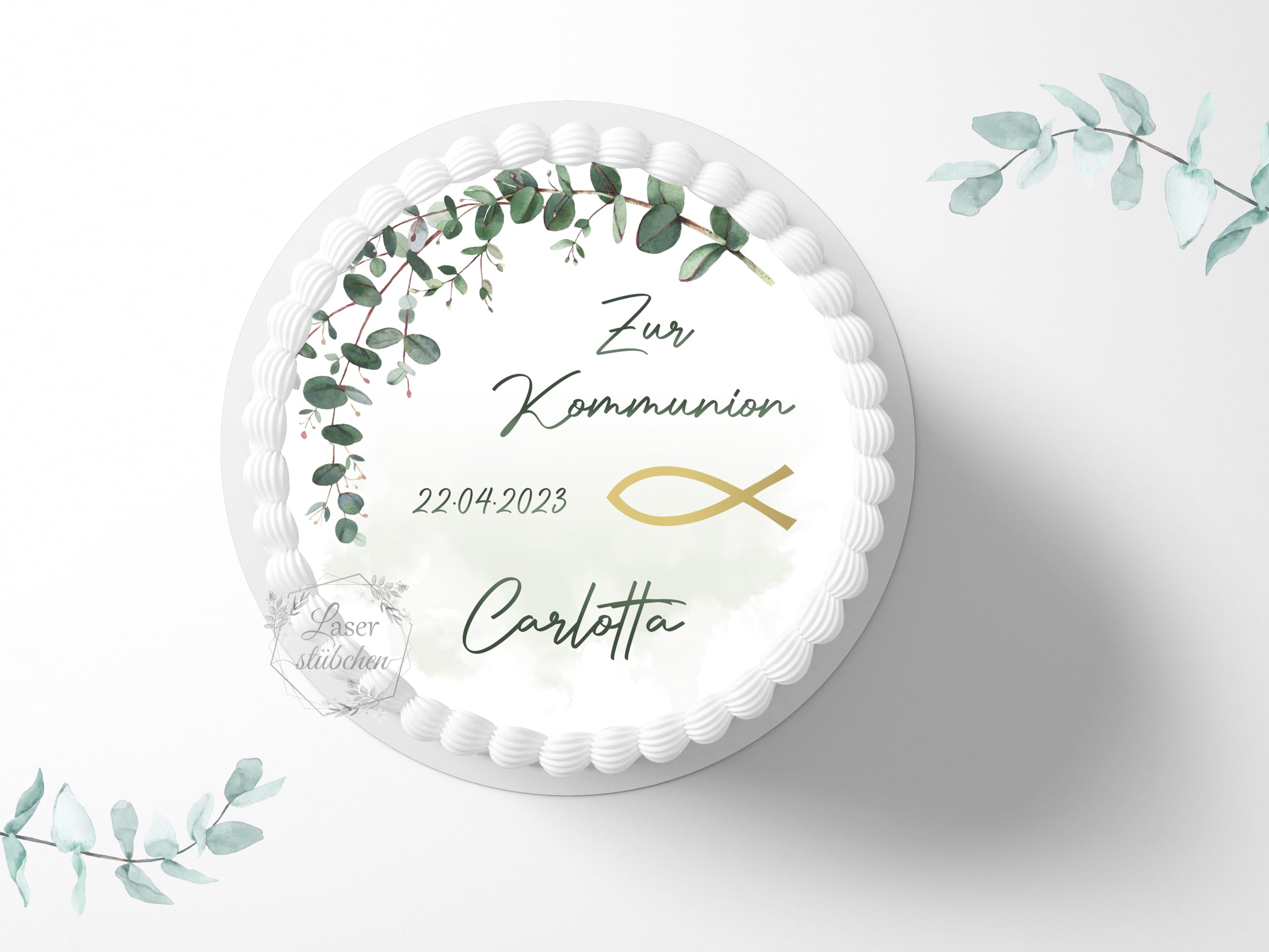 Tortenaufleger zur Kommunion mit Wunschname & Datum personalisierbar, ⌀20cm Zuckerbild, Deko für Kuchen, Foto für Torten, Fondant 0010KM