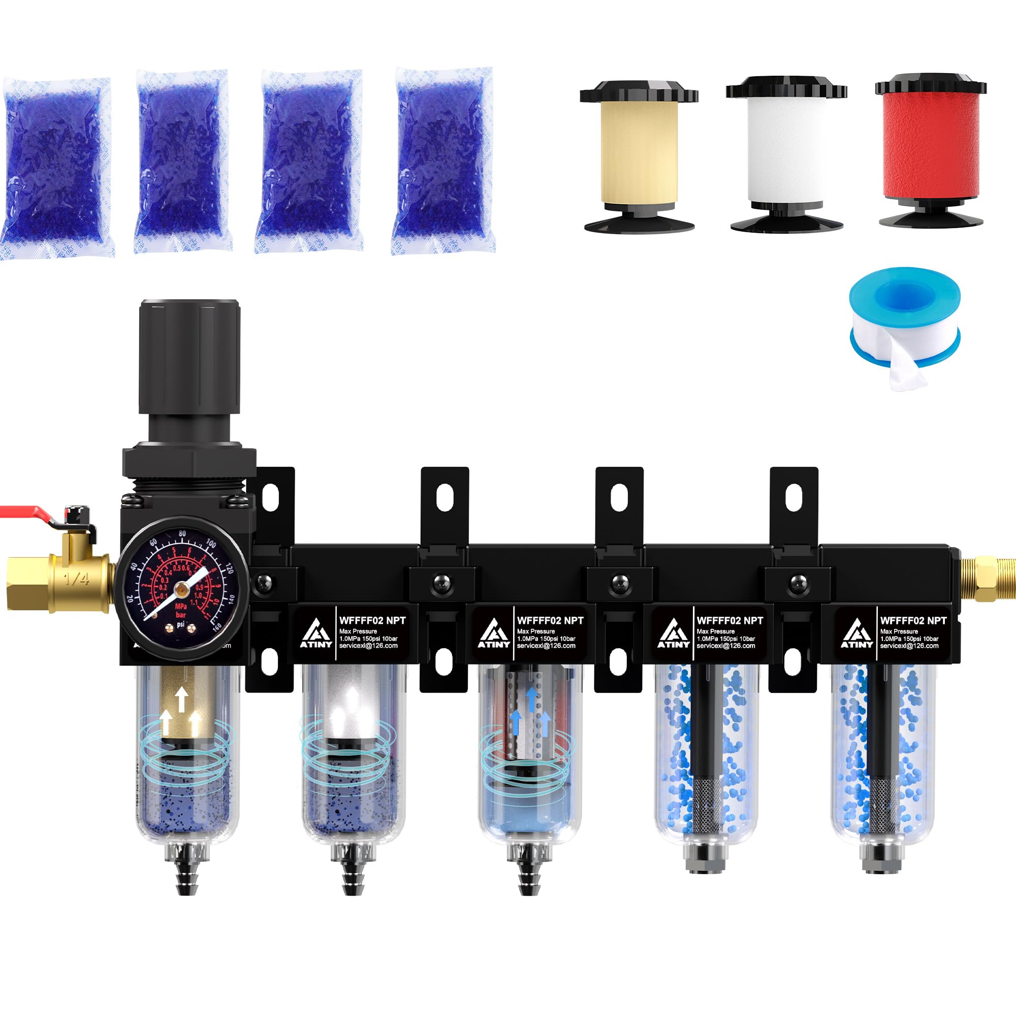 Séchoir à air comprimé NPT 5 étapes 6,35 mm, sécheur d'air pour compresseur 5, 0,5 et 0,01 micron, double séchoir déshydratant et régulateur d'air, bol en métal, vidange semi-automatique