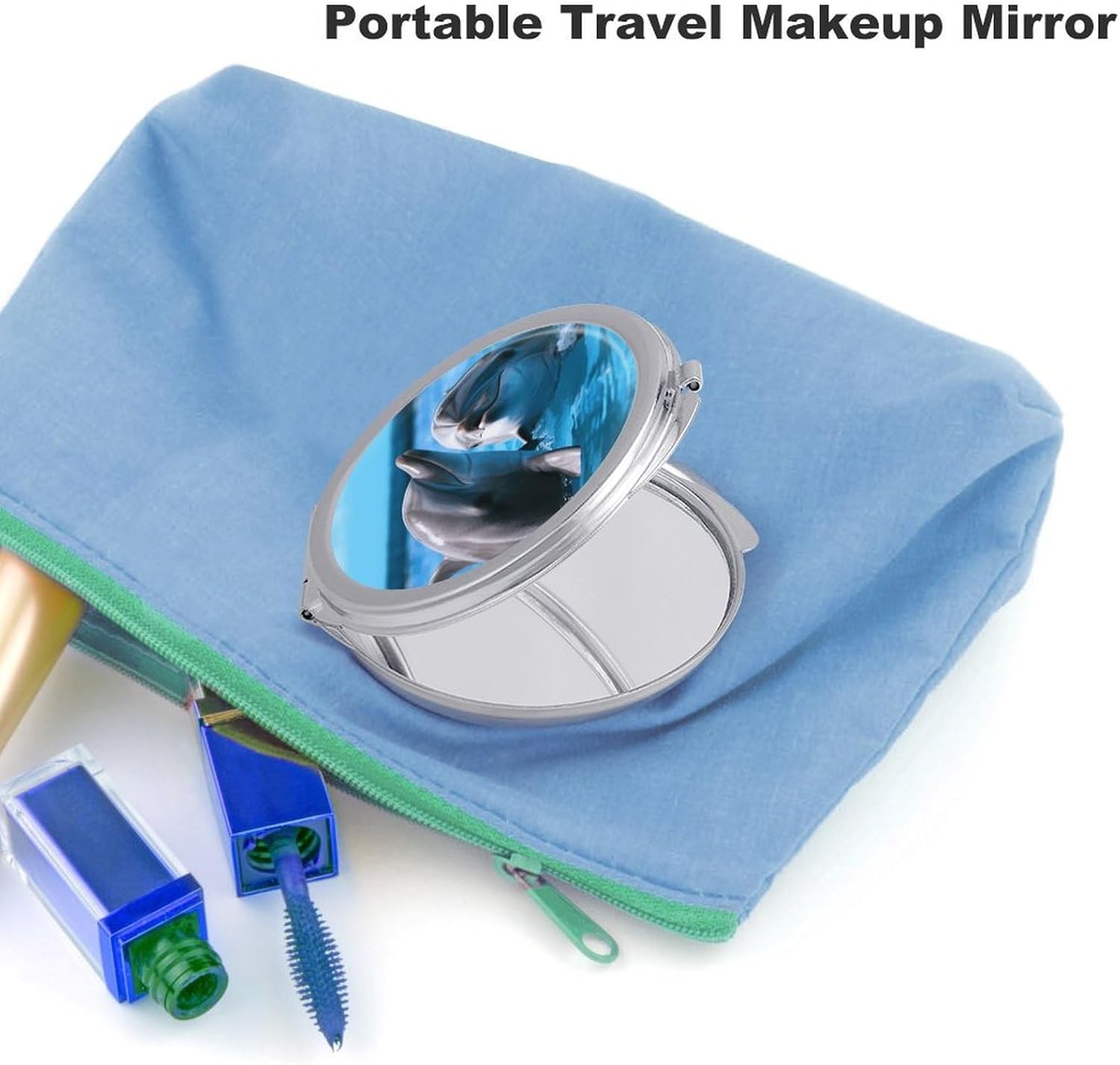 Two Dolphins in The Water Portable Makeup Mirror, Sided Travel Hand Mirror Mini Folding Mirror for Precise Makeup Women Daily Use